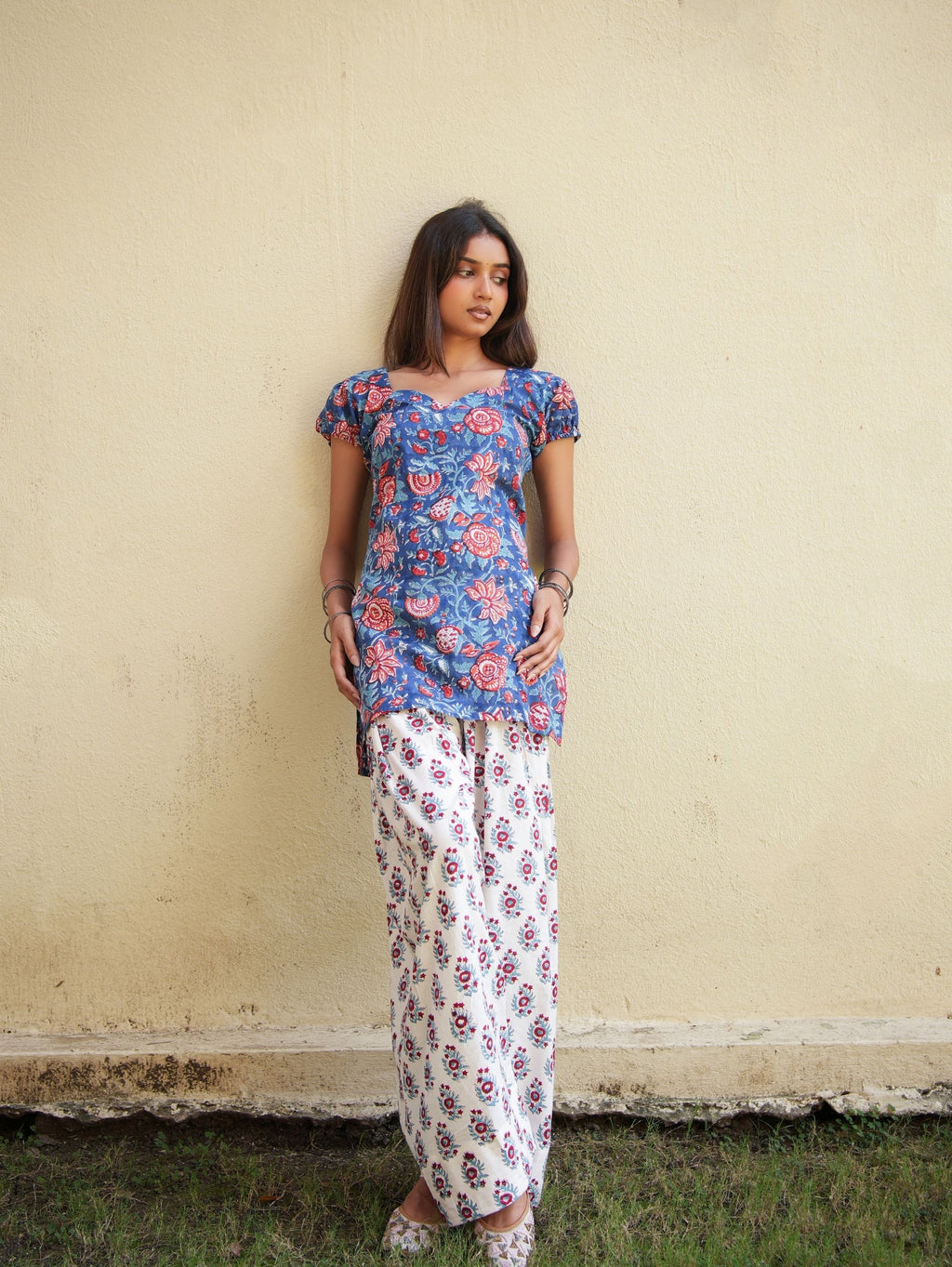 Malini Blue, Red & White Two Piece Farshi Set
