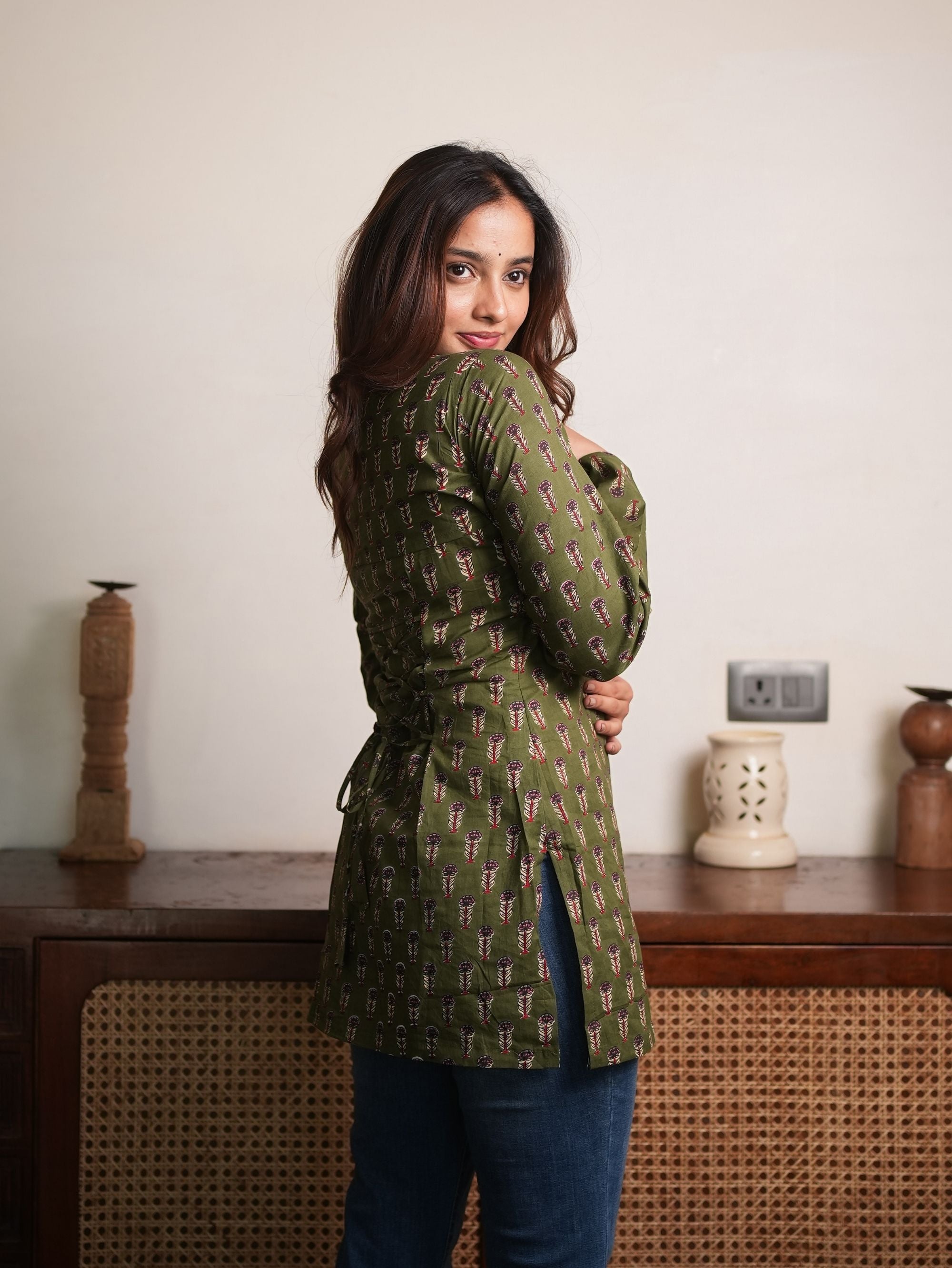 Mint Mirage Green Cotton Short Kurti with Convertible Neck