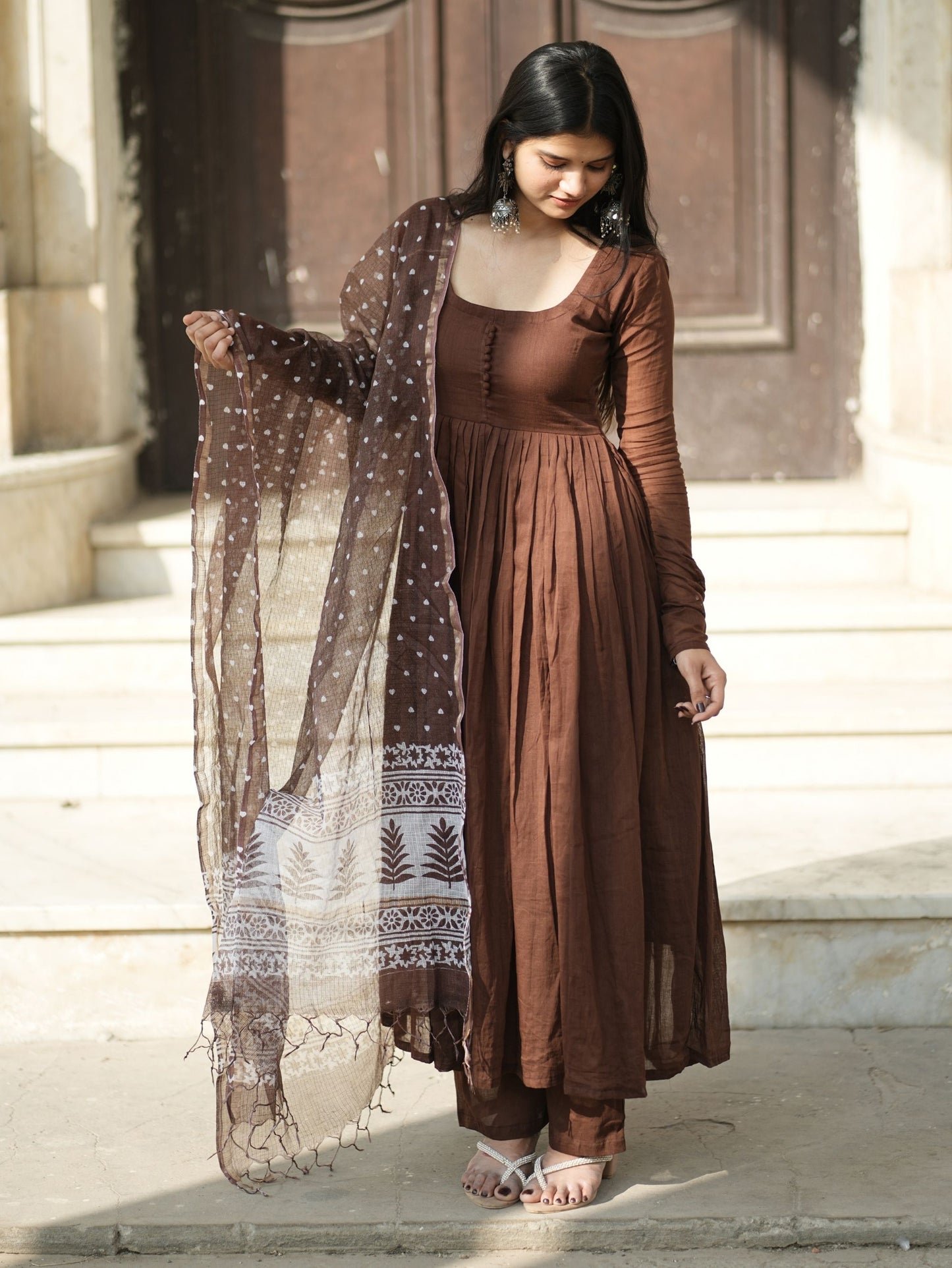 Dilruba Brown Mul Cotton Anarkali 3 Piece Suit Set with Dupatta