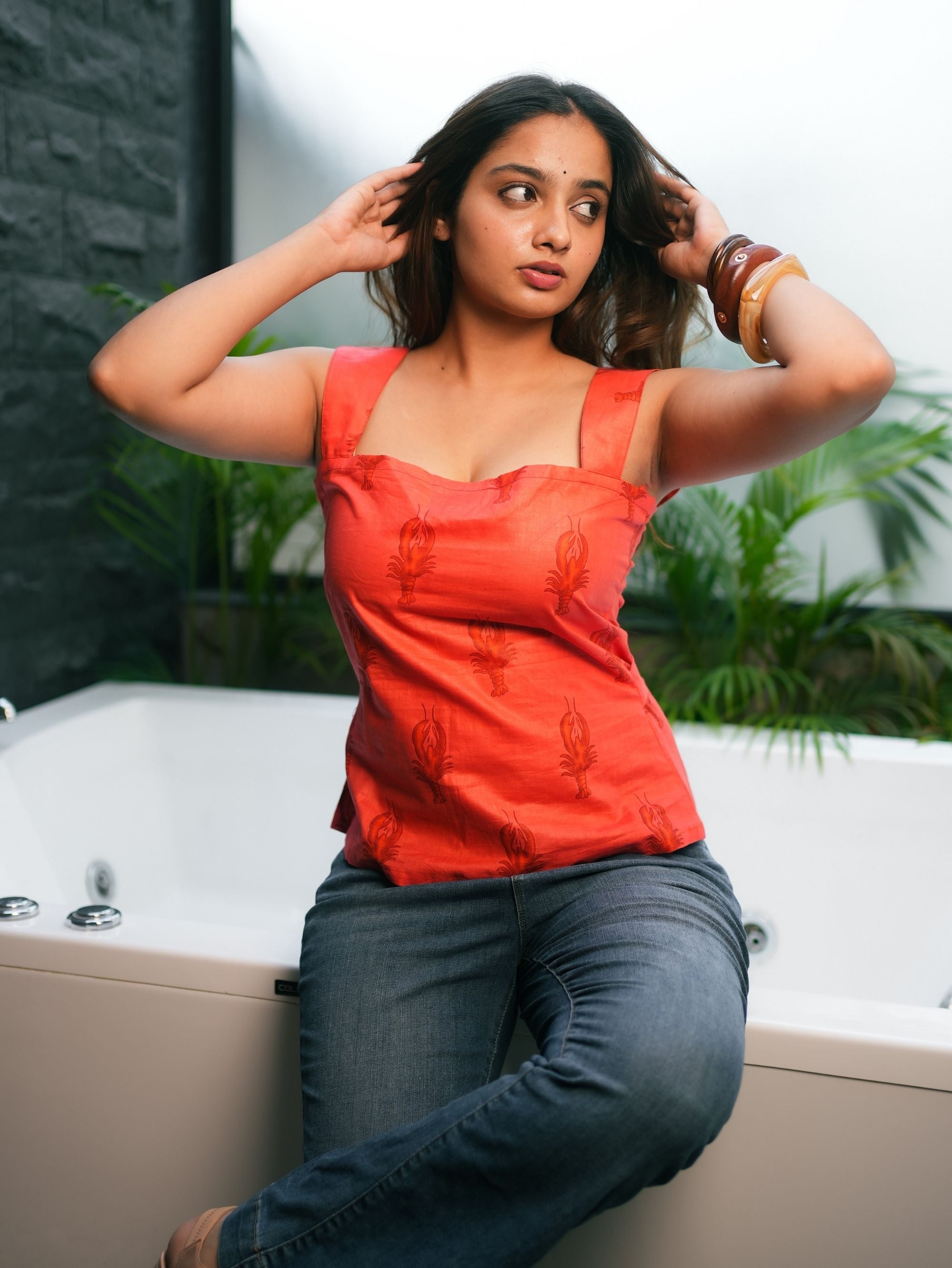 Sugar Petal Red Cotton Handblock Top with Square Neck