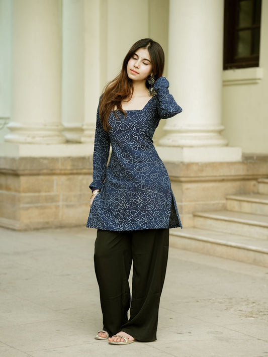 Amaya Blue Bandhani Print Cotton Short Kurti