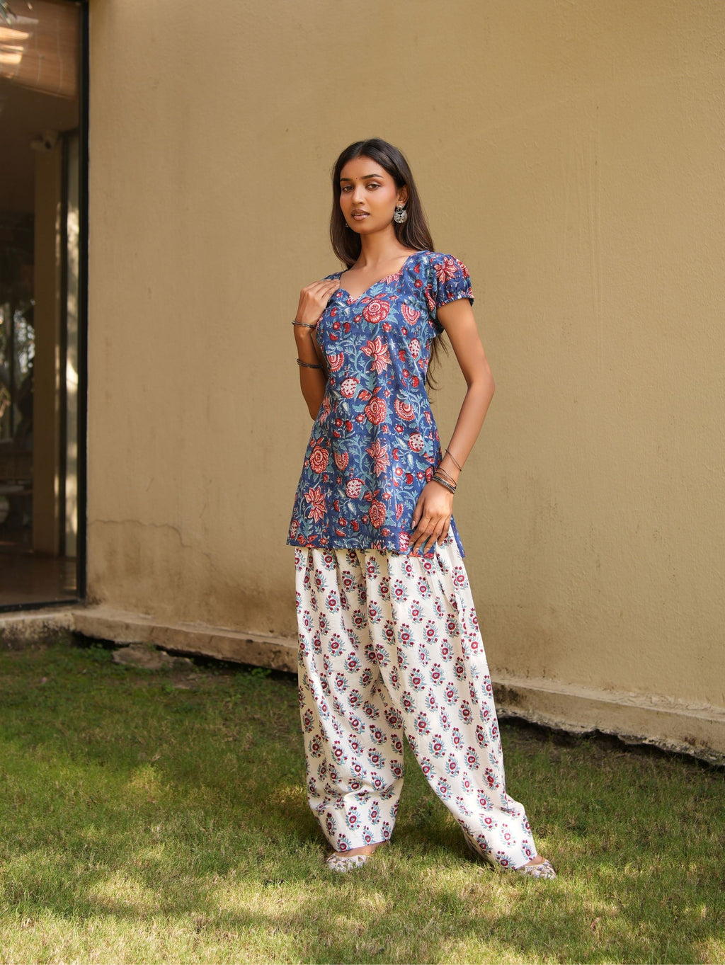 Malini Blue, Red & White Two Piece Farshi Set