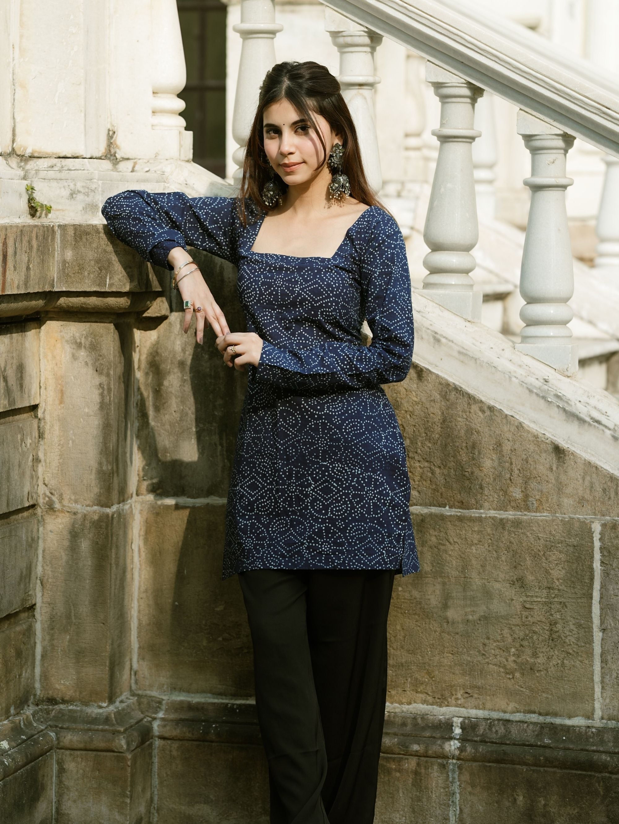 Amaya Blue Bandhani Print Cotton Short Kurti