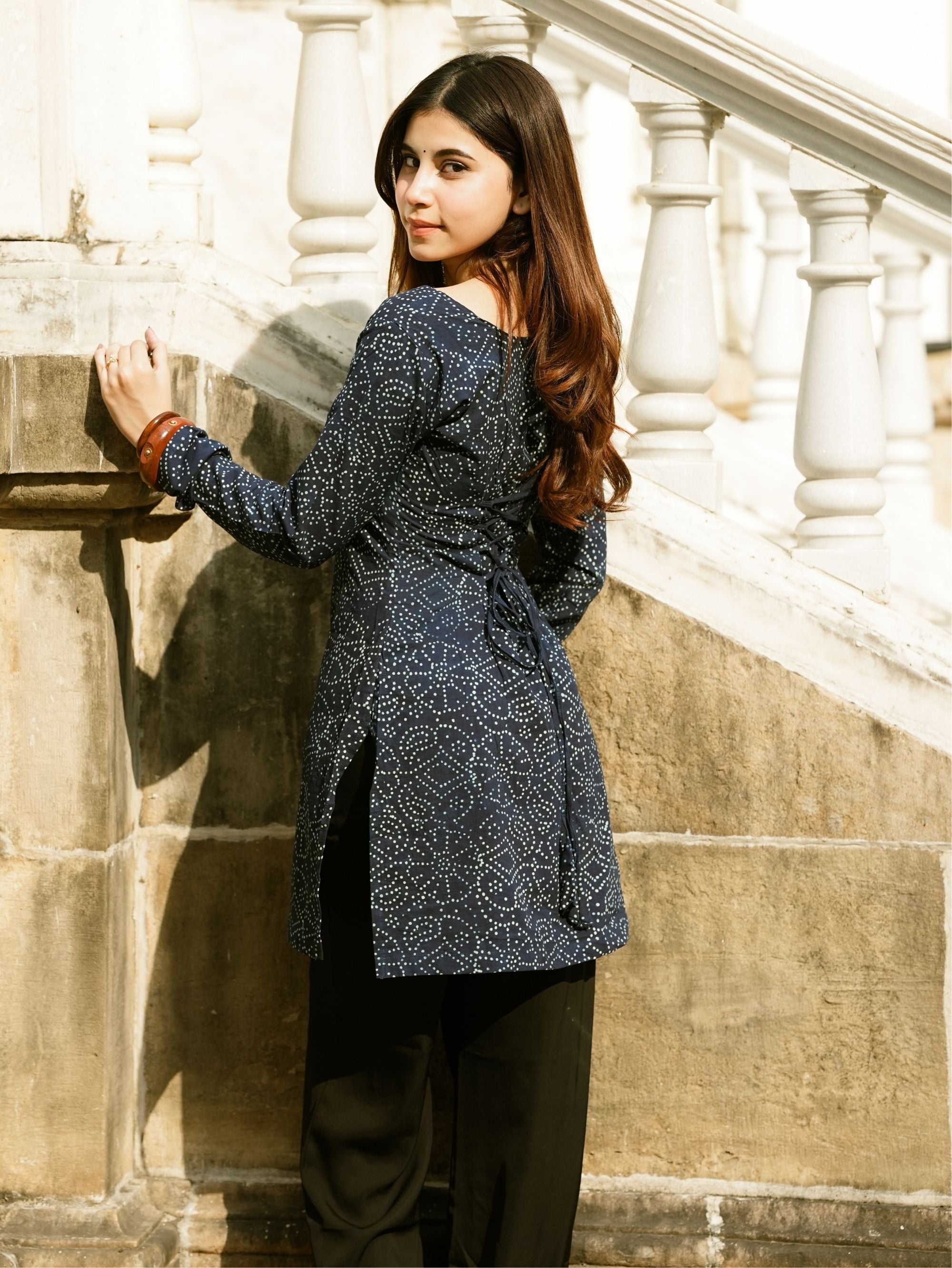 Amaya Blue Bandhani Print Cotton Short Kurti