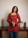 Sunlit Petal Red Cotton Square Neck Short Kurti