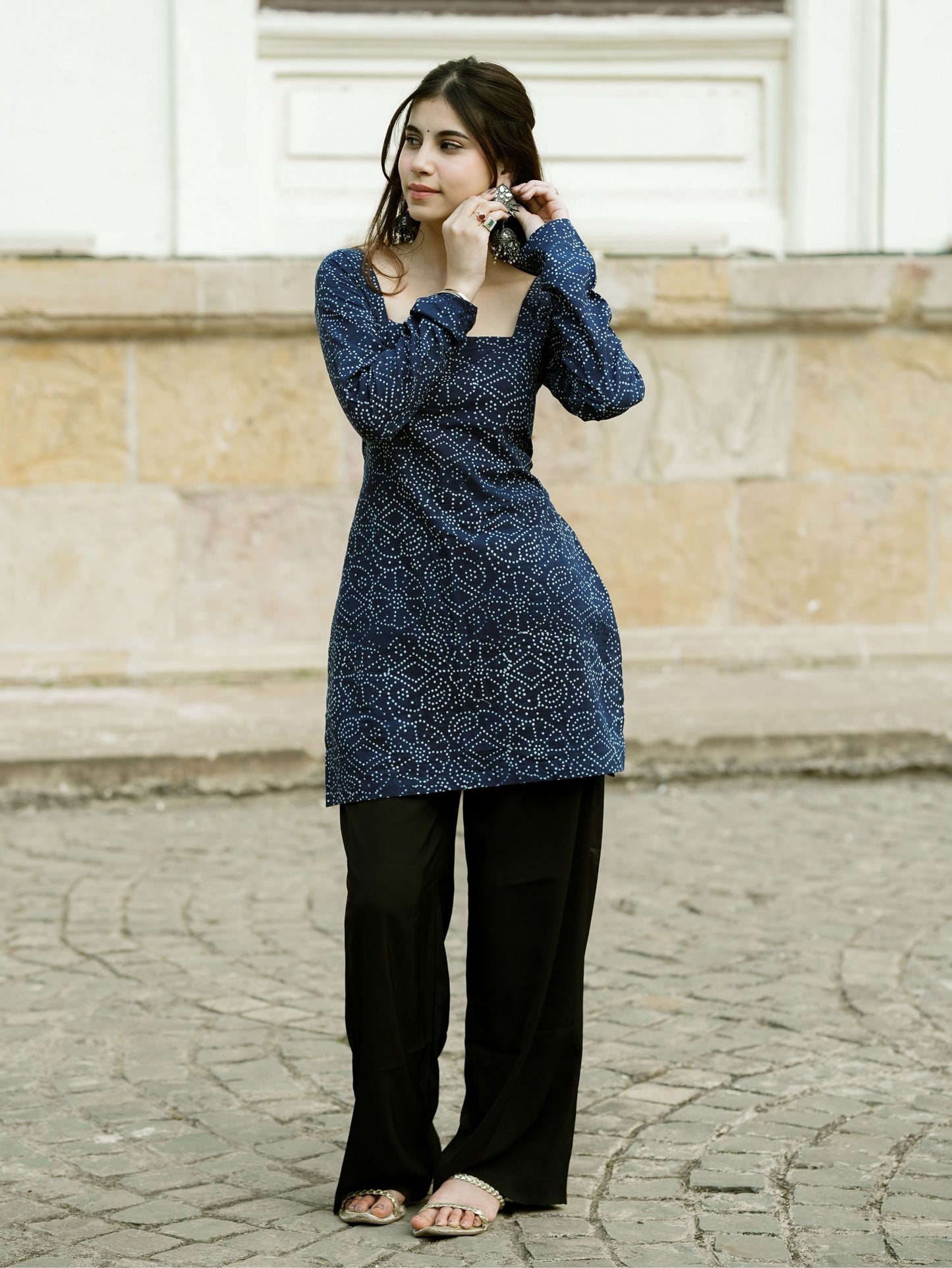 Amaya Blue Bandhani Print Cotton Short Kurti