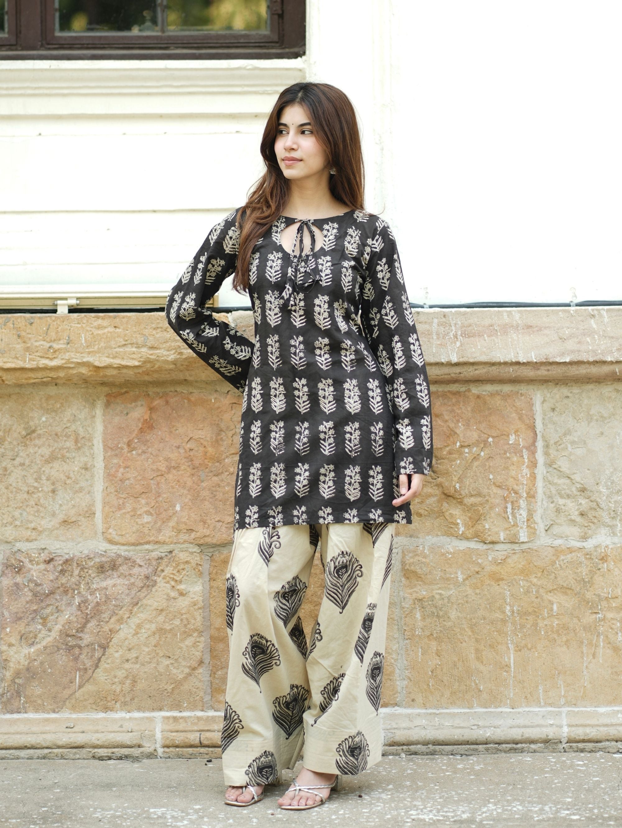 Farah Farshi Set for Women - Black & Beige Handblock Cotton Two Piece Set