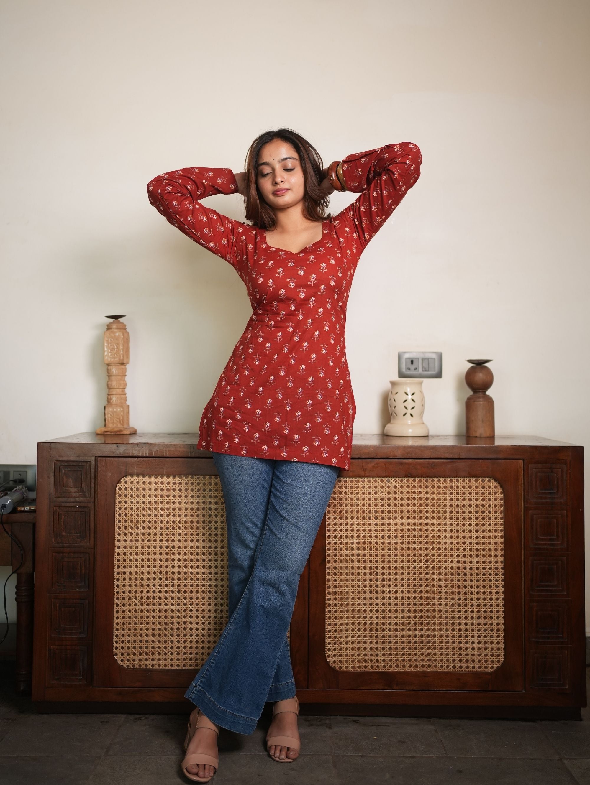 Sunlit Petal Red Cotton Square Neck Short Kurti