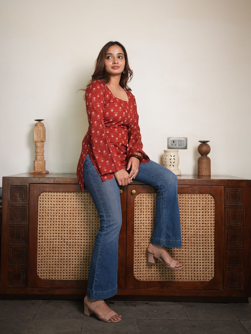 Sunlit Petal Red Cotton Square Neck Short Kurti