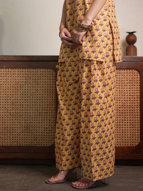 Honey Petal Yellow Cotton Kurta Set with Handblock Farshi Salwar