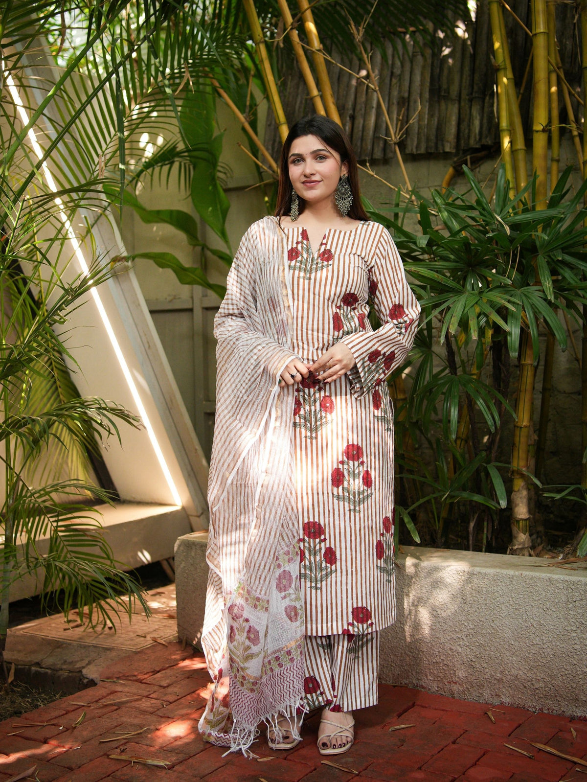 Nazneen Maroon & Beige Three Piece Straight Set