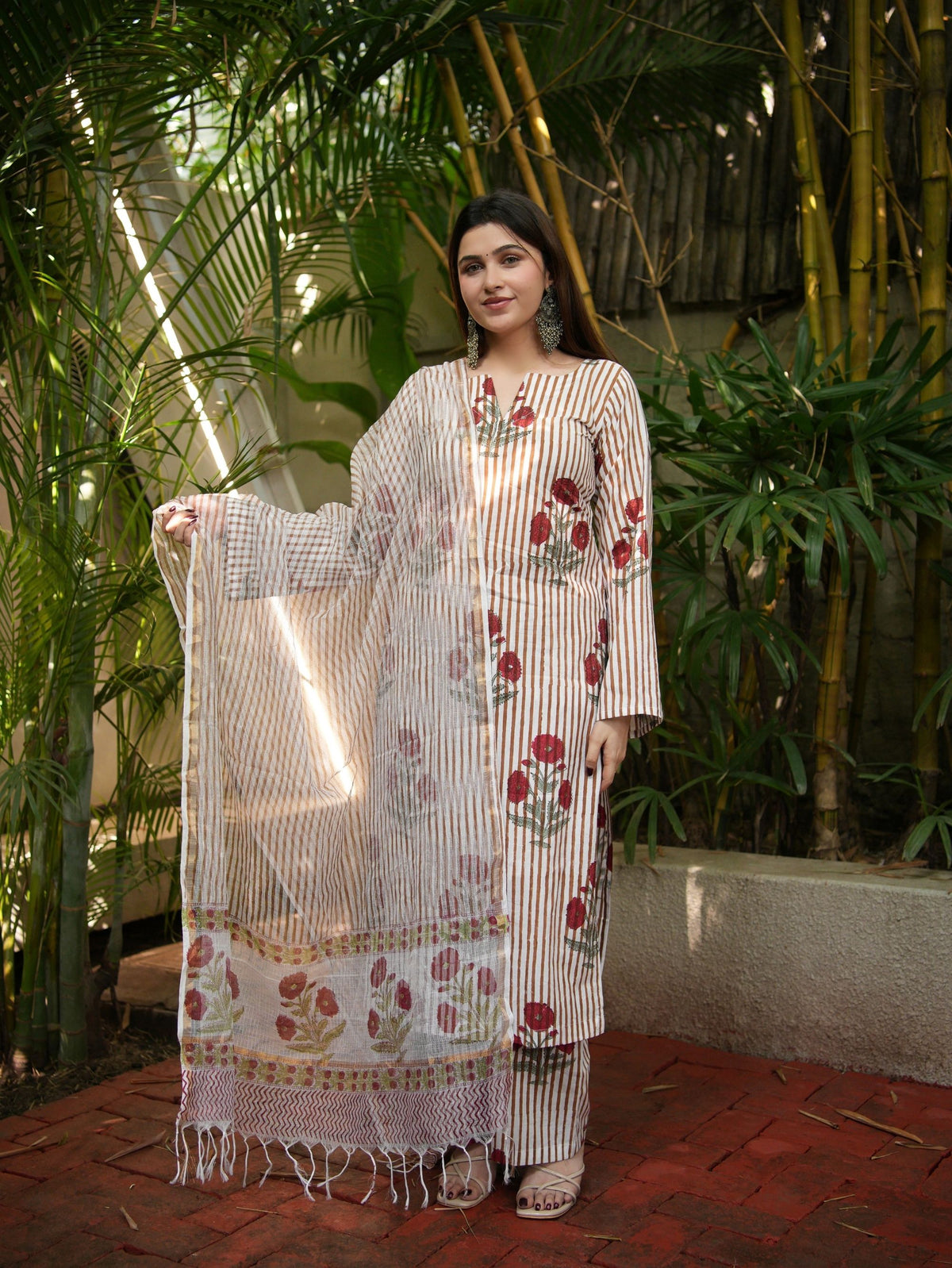 Nazneen Maroon & Beige Three Piece Straight Set