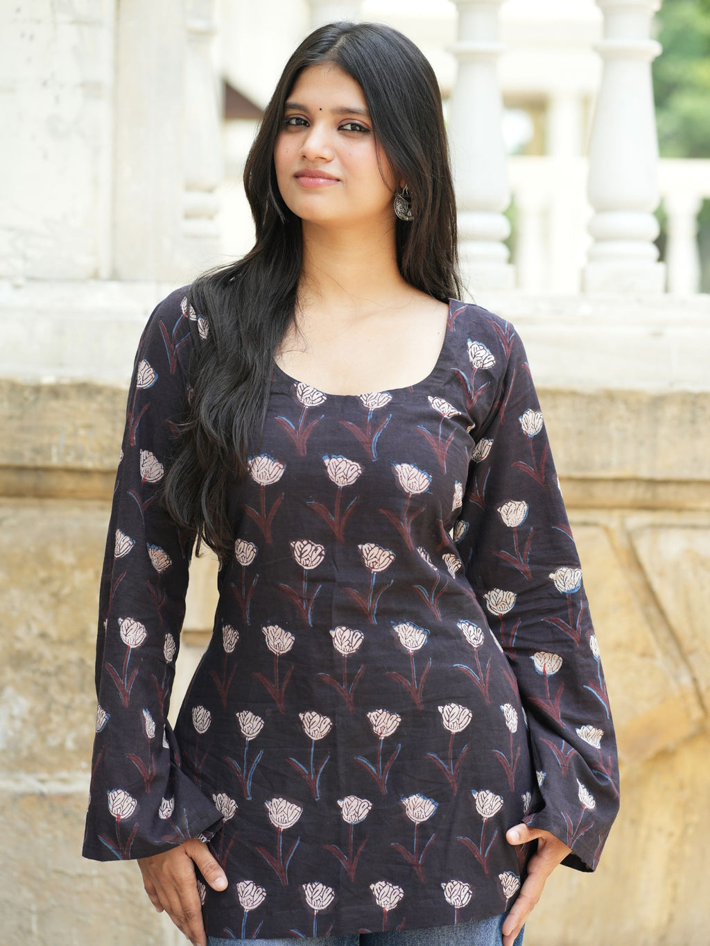 Savi Short Kurti for Women - Black Handblock Cotton U Neck Kurti