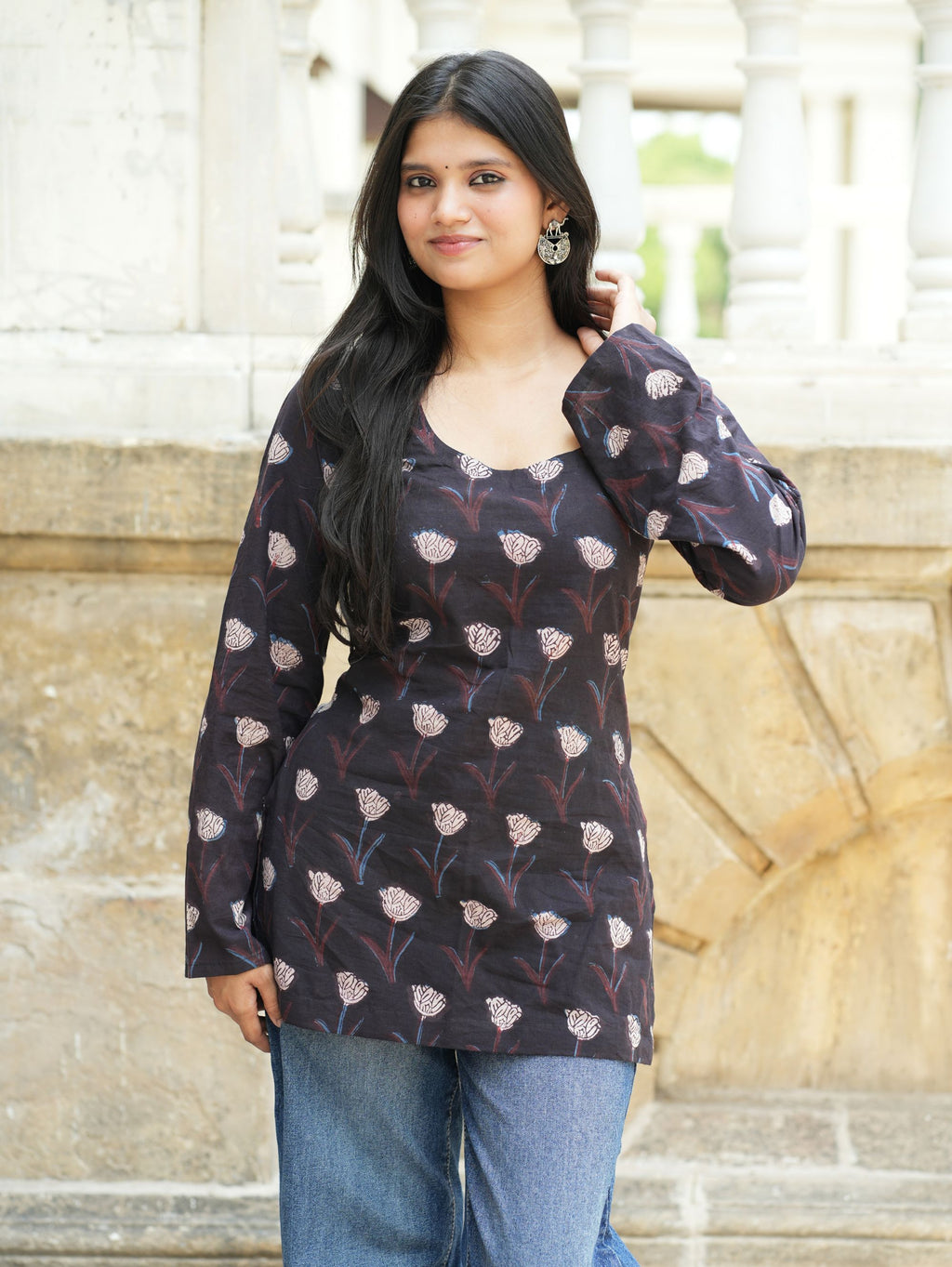 Savi Short Kurti for Women - Black Handblock Cotton U Neck Kurti
