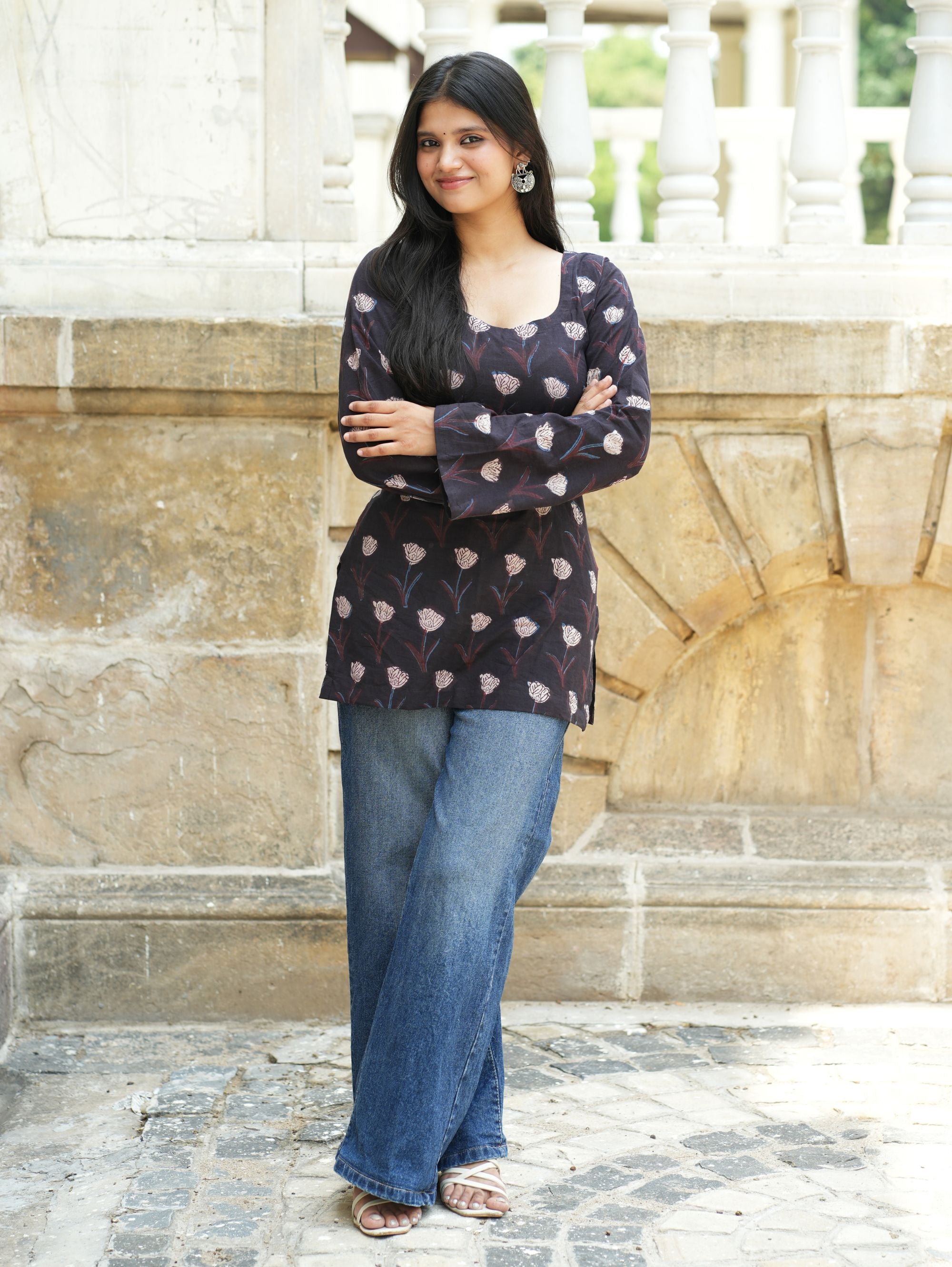 Savi Short Kurti for Women - Black Handblock Cotton U Neck Kurti