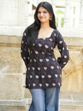 Savi Short Kurti for Women - Black Handblock Cotton U Neck Kurti