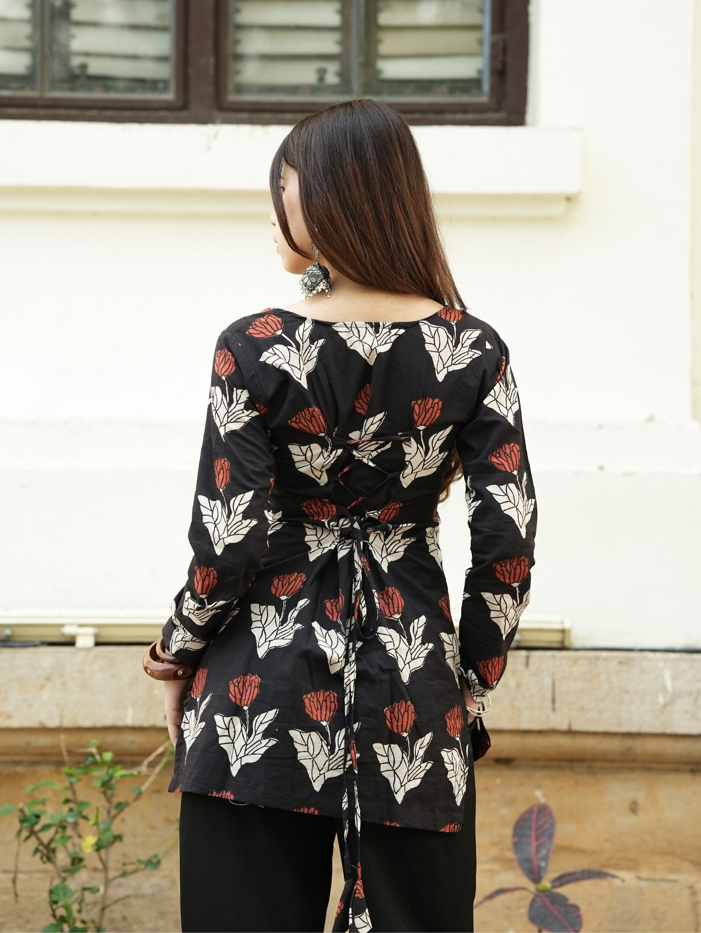 Ruhani Black Printed Short Kurti with Corset Back