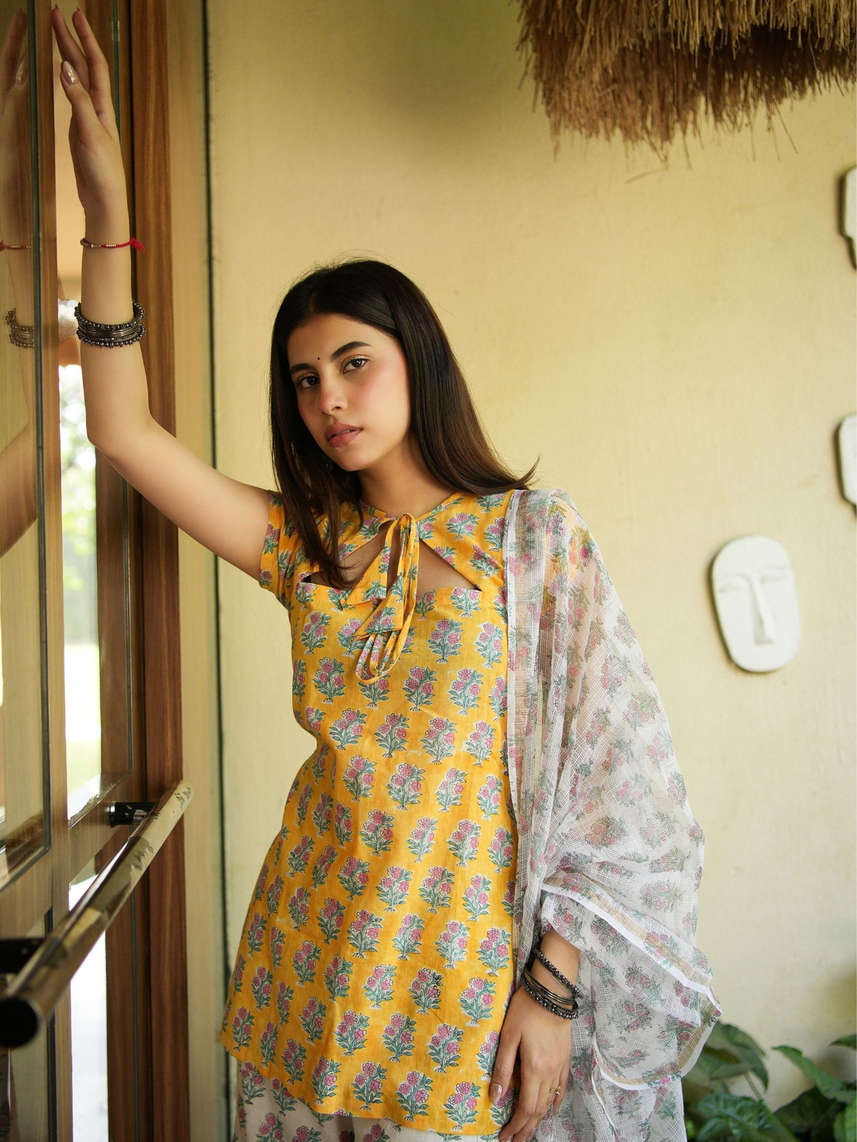 Stuti Yellow & White Three Piece Straight Set