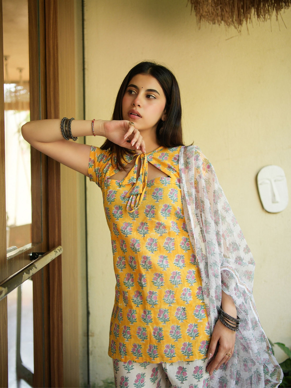 Stuti Yellow & White Three Piece Straight Set
