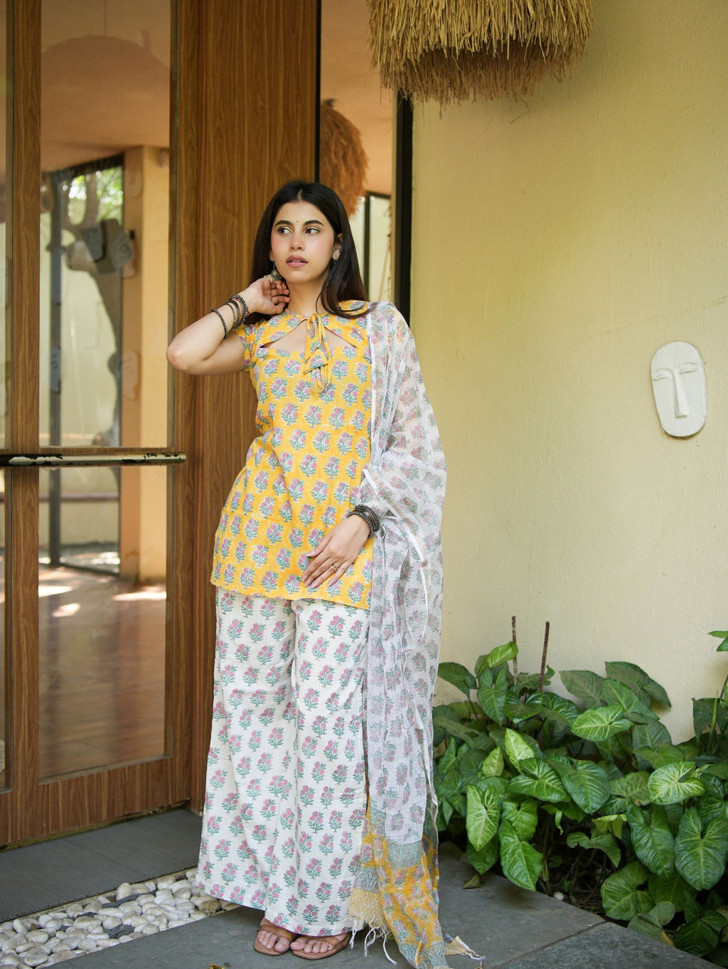 Stuti Yellow & White Three Piece Straight Set