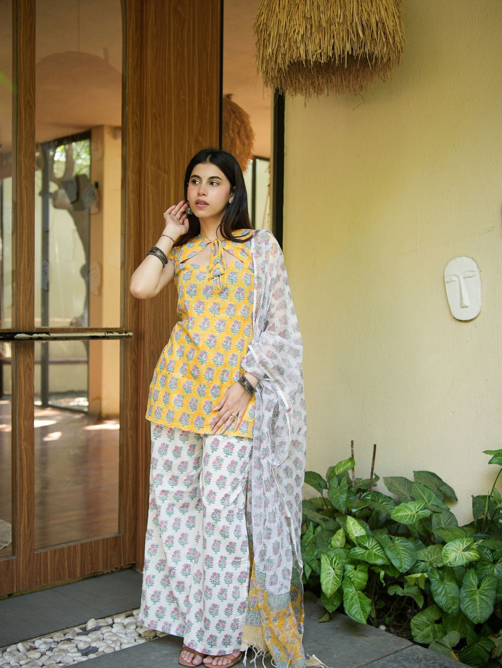 Stuti Yellow & White Three Piece Straight Set