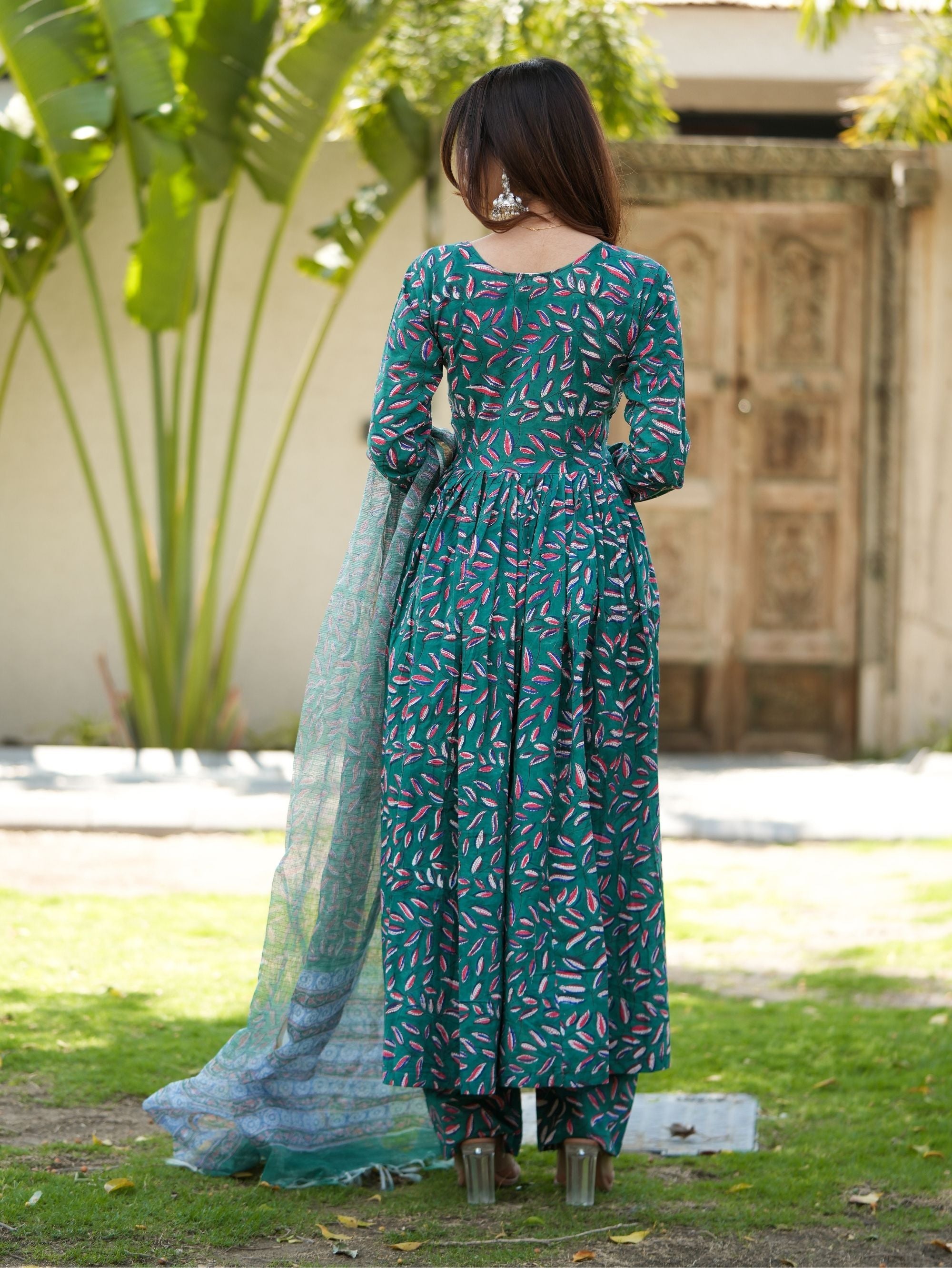 Leaf Love Green Handblock Anarkali Set with Kota Doriya Dupatta