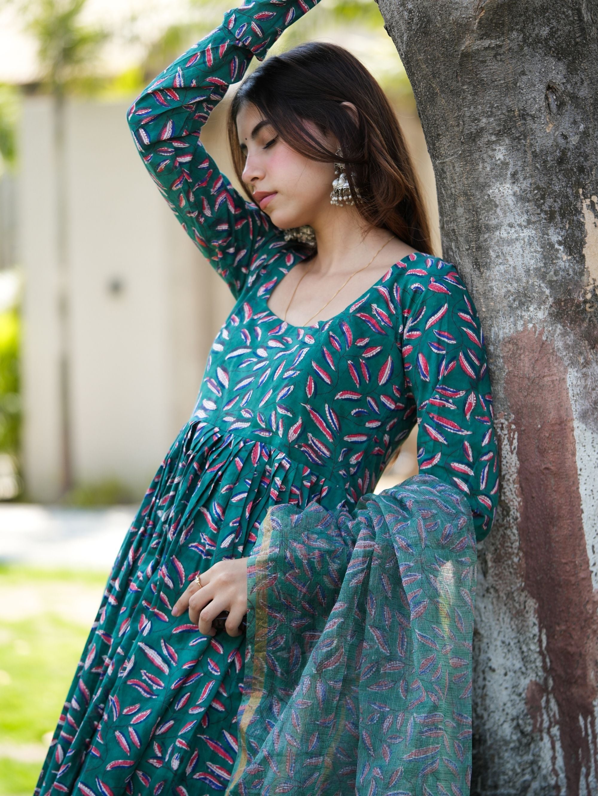 Leaf Love Green Handblock Anarkali Set with Kota Doriya Dupatta