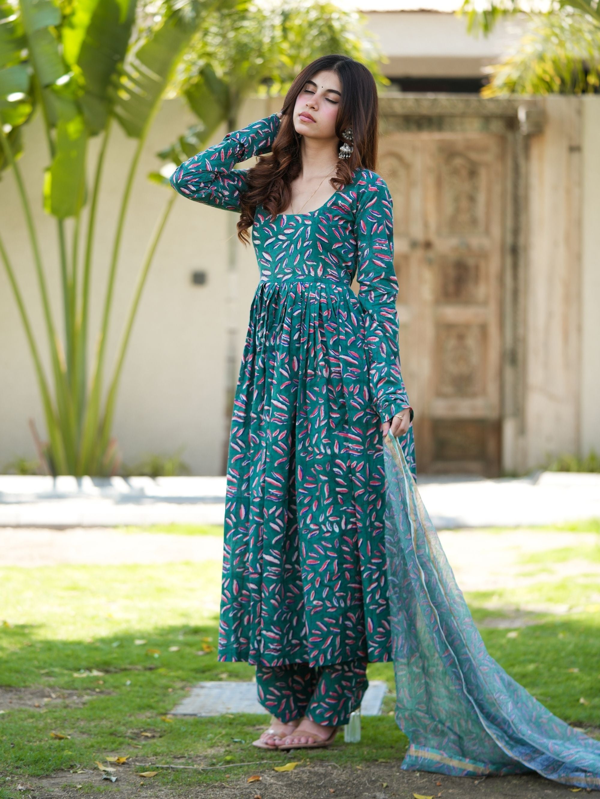 Leaf Love Green Handblock Anarkali Set with Kota Doriya Dupatta