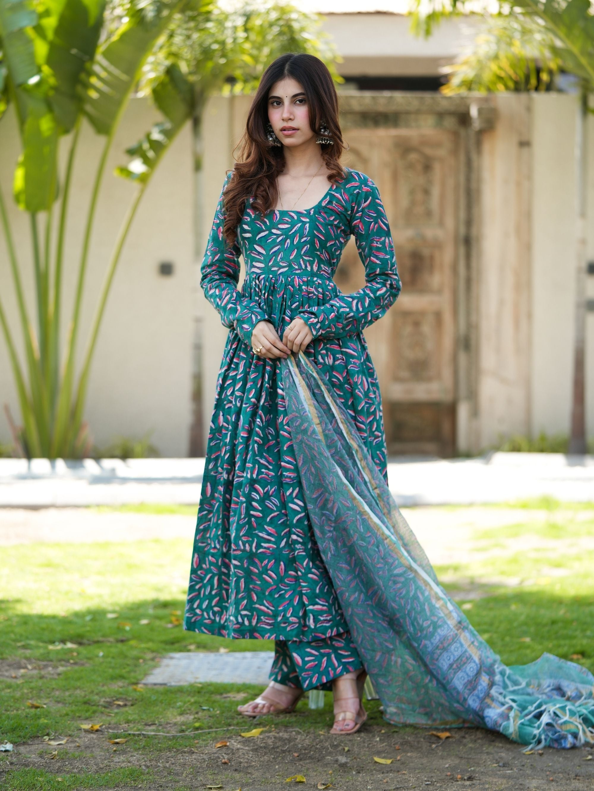 Leaf Love Green Handblock Anarkali Set with Kota Doriya Dupatta