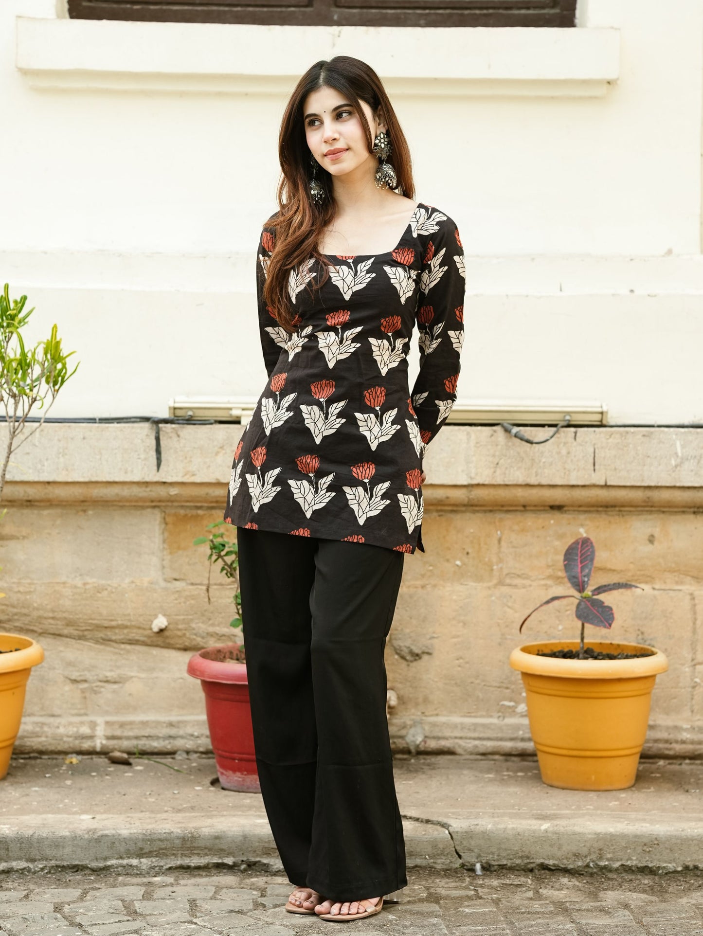 Ruhani Black Printed Short Kurti with Corset Back