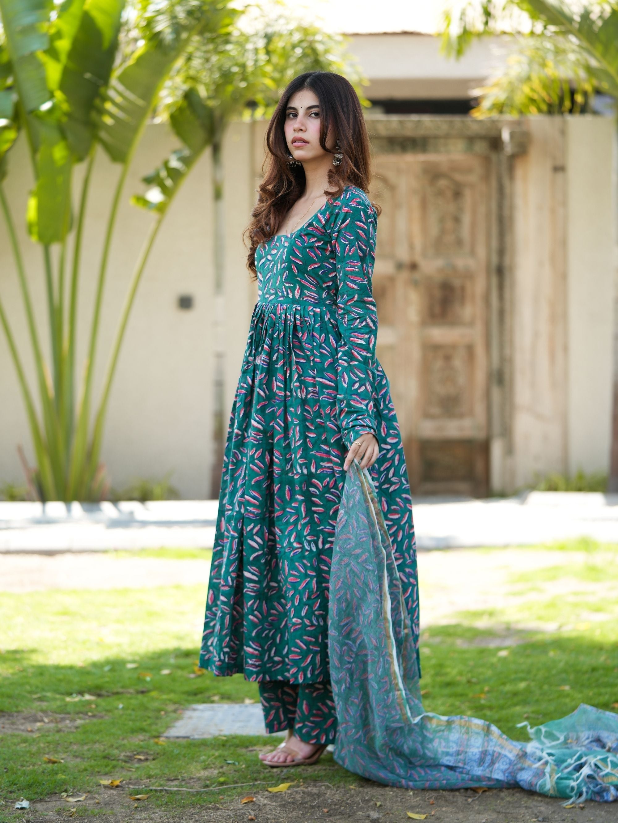 Leaf Love Green Handblock Anarkali Set with Kota Doriya Dupatta