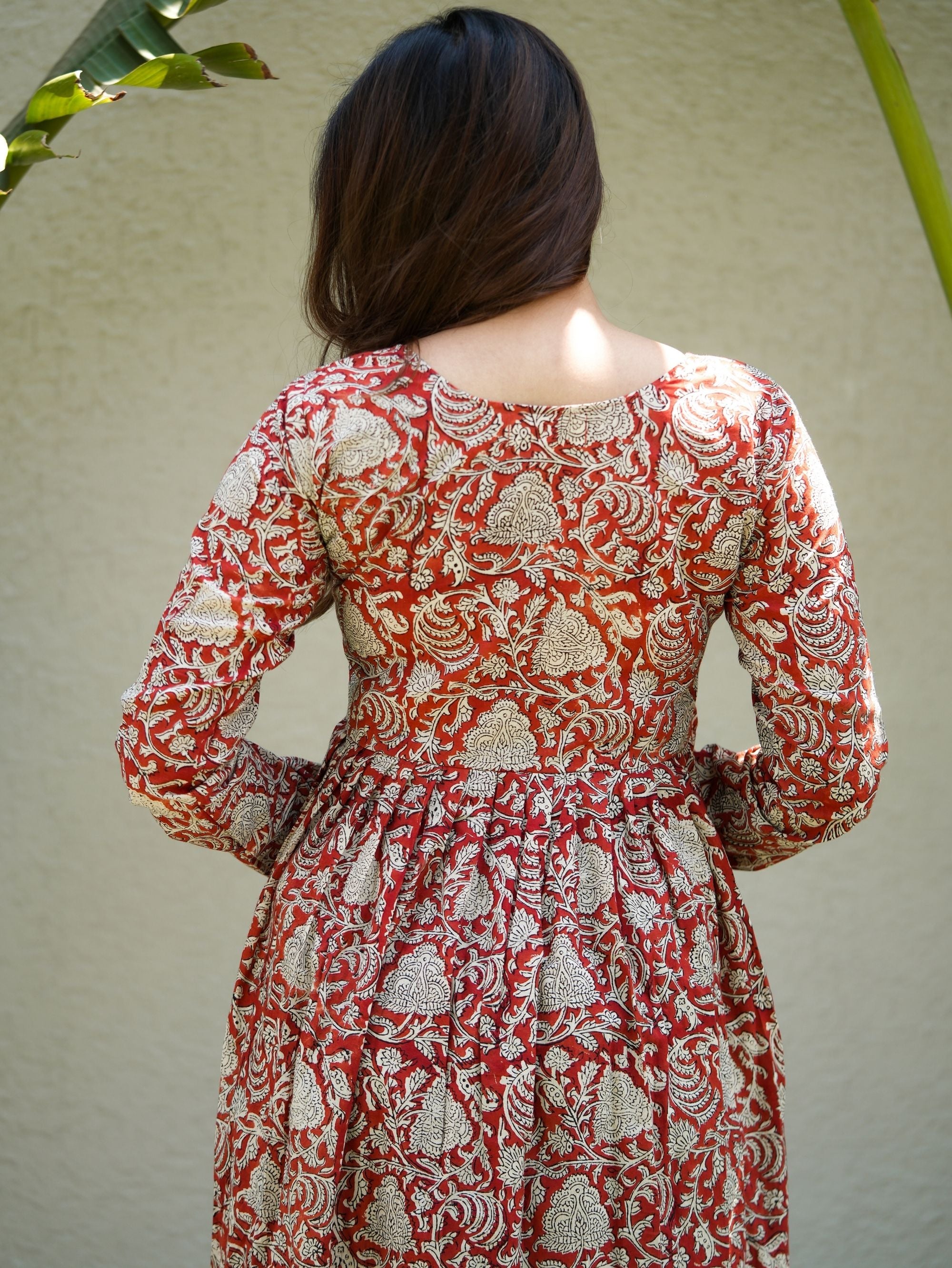 Berry Blush Red Cotton Anarkali Set with Handblock Print