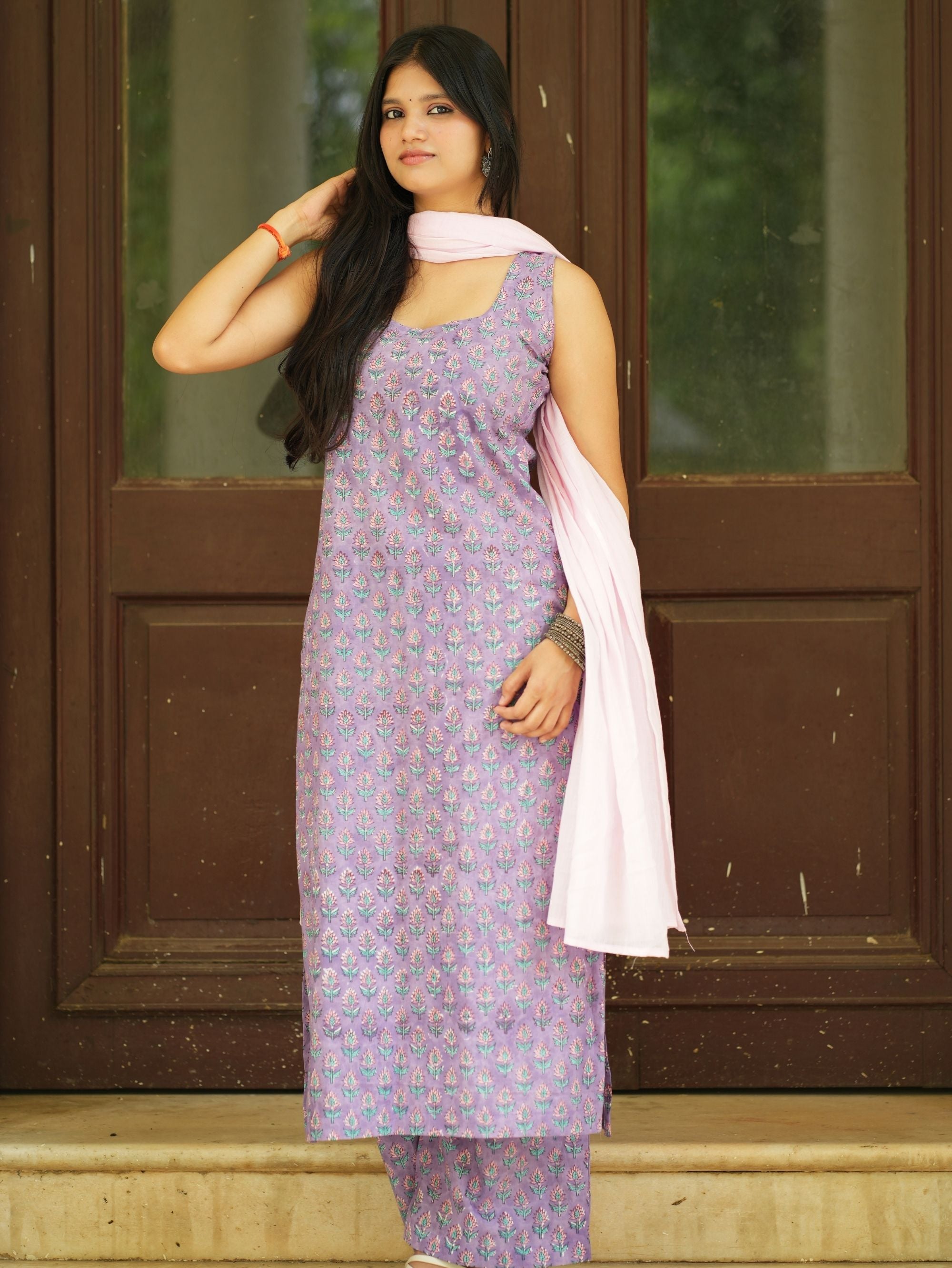 Aarohi Three Piece Straight Kurta Set for Women - Purple & Pink Cotton Suit Set with Mul Cotton Dupatta