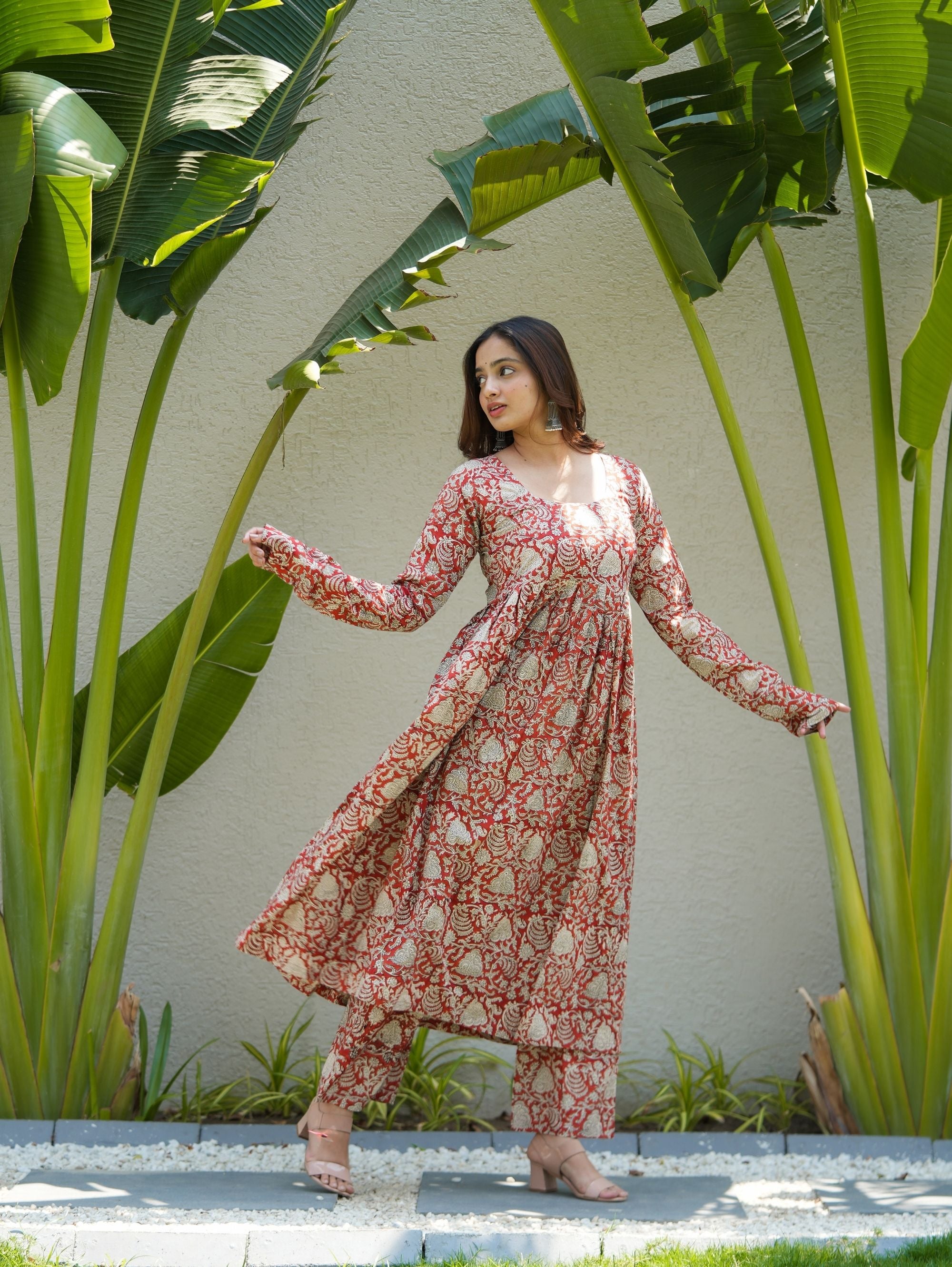 Berry Blush Red Cotton Anarkali Set with Handblock Print