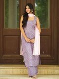 Aarohi Three Piece Straight Kurta Set for Women - Purple & Pink Cotton Suit Set with Mul Cotton Dupatta