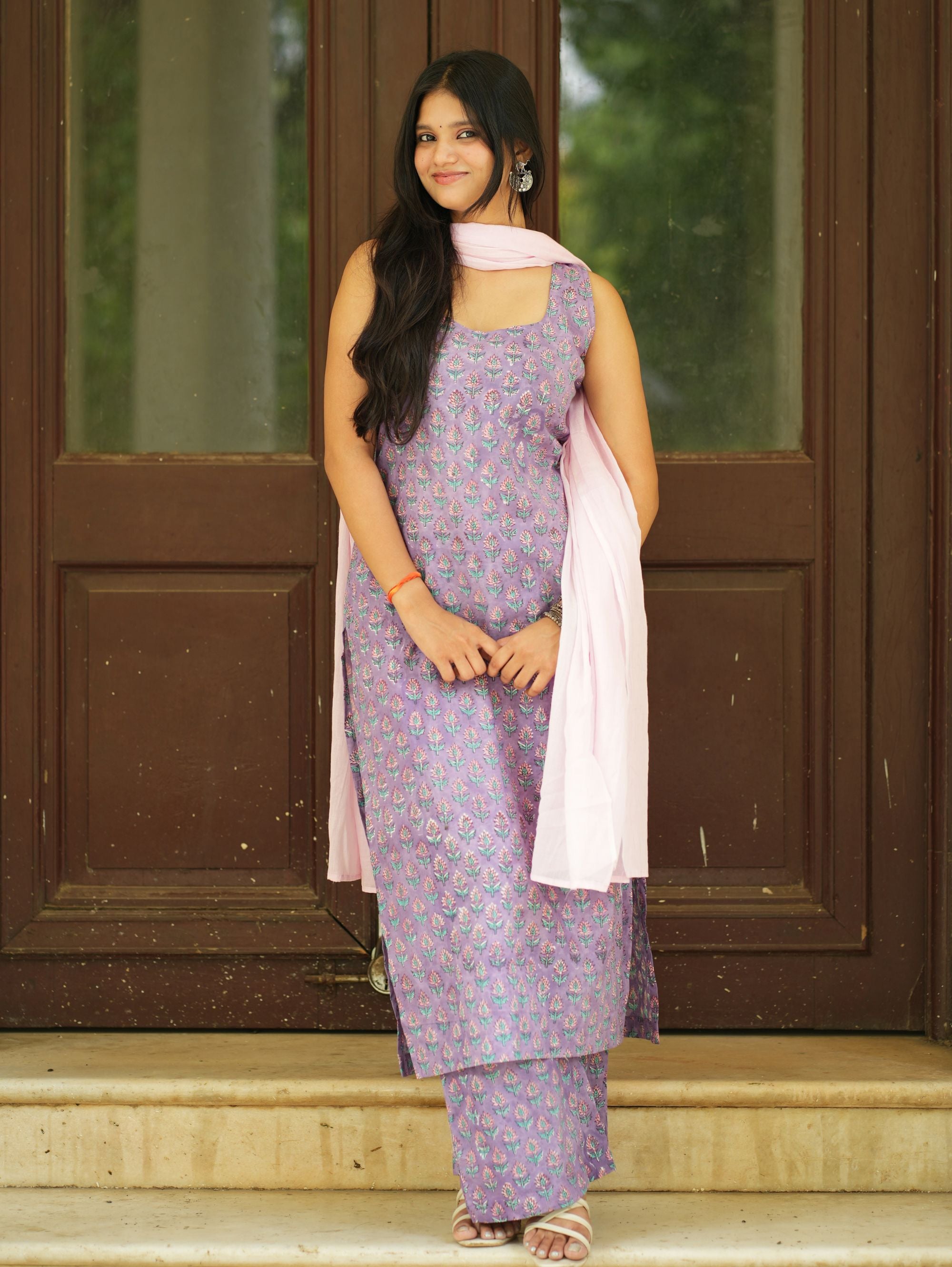 Aarohi Three Piece Straight Kurta Set for Women - Purple & Pink Cotton Suit Set with Mul Cotton Dupatta