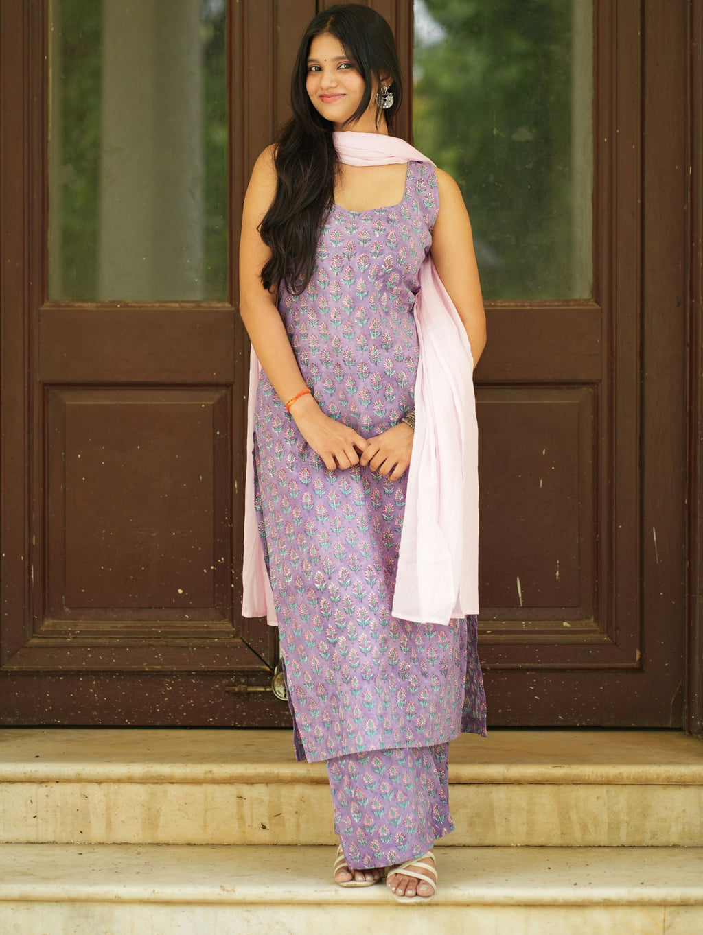 Aarohi Three Piece Straight Kurta Set for Women - Purple & Pink Cotton Suit Set with Mul Cotton Dupatta