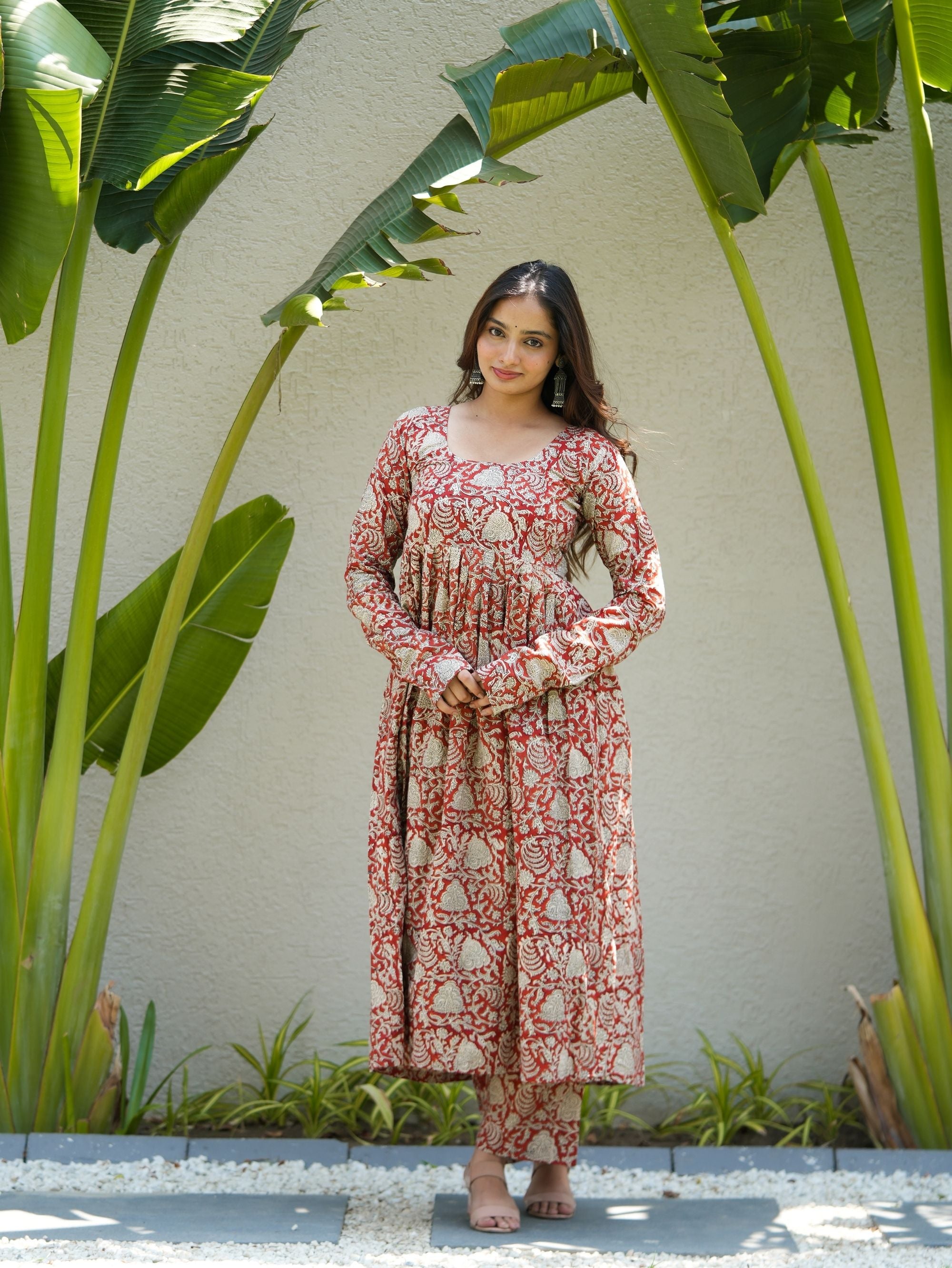 Berry Blush Red Cotton Anarkali Set with Handblock Print