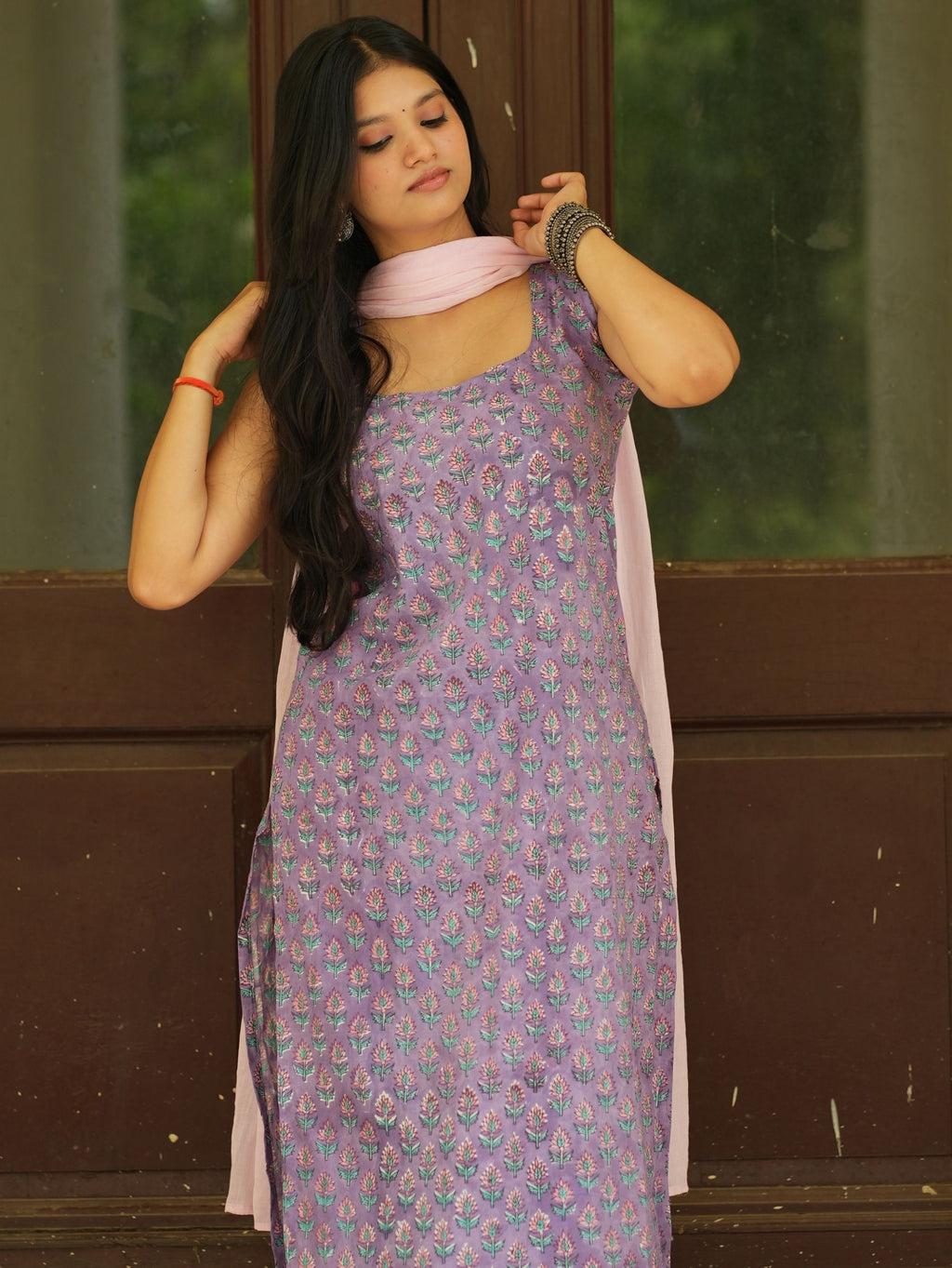 Aarohi Three Piece Straight Kurta Set for Women - Purple & Pink Cotton Suit Set with Mul Cotton Dupatta