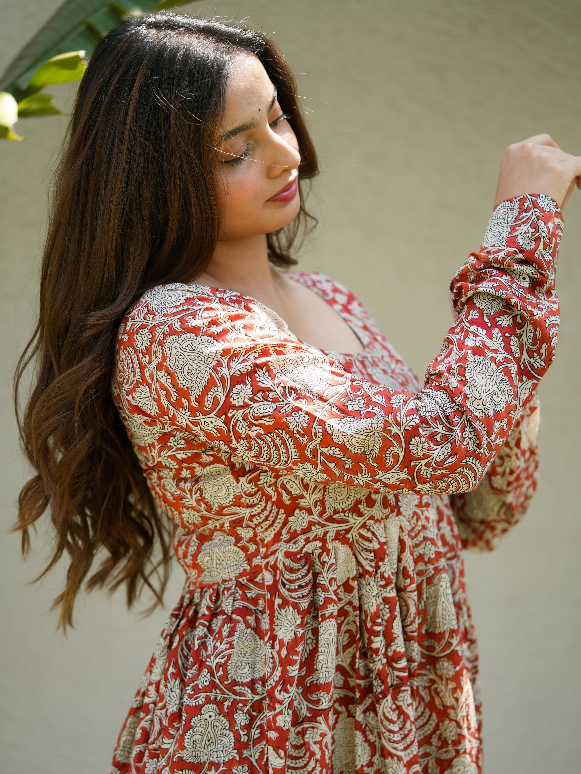 Berry Blush Red Cotton Anarkali Set with Handblock Print