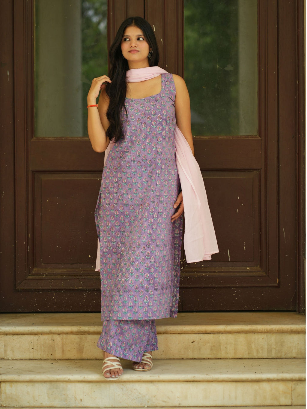 Aarohi Three Piece Straight Kurta Set for Women - Purple & Pink Cotton Suit Set with Mul Cotton Dupatta