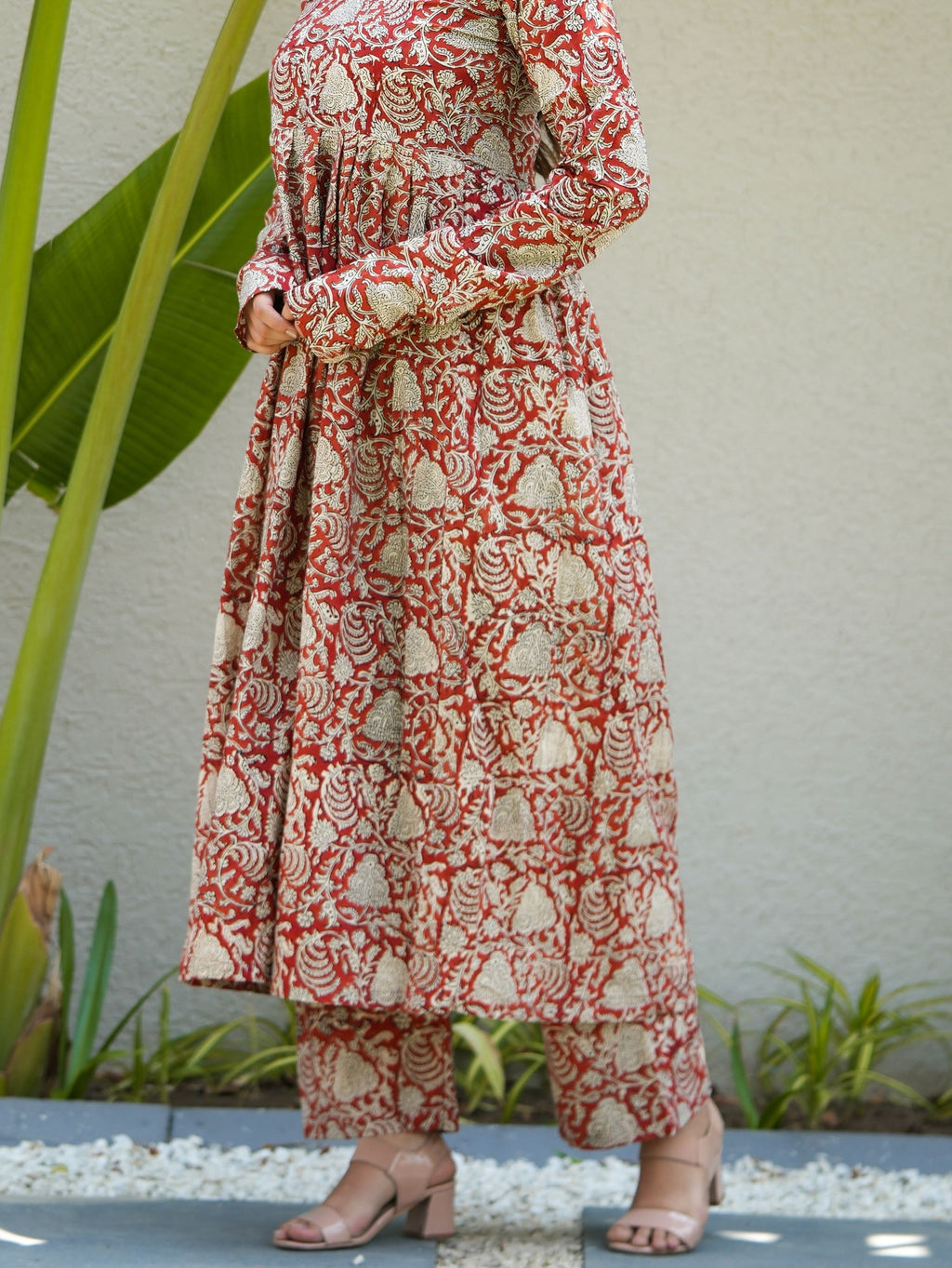 Berry Blush Red Cotton Anarkali Set with Handblock Print