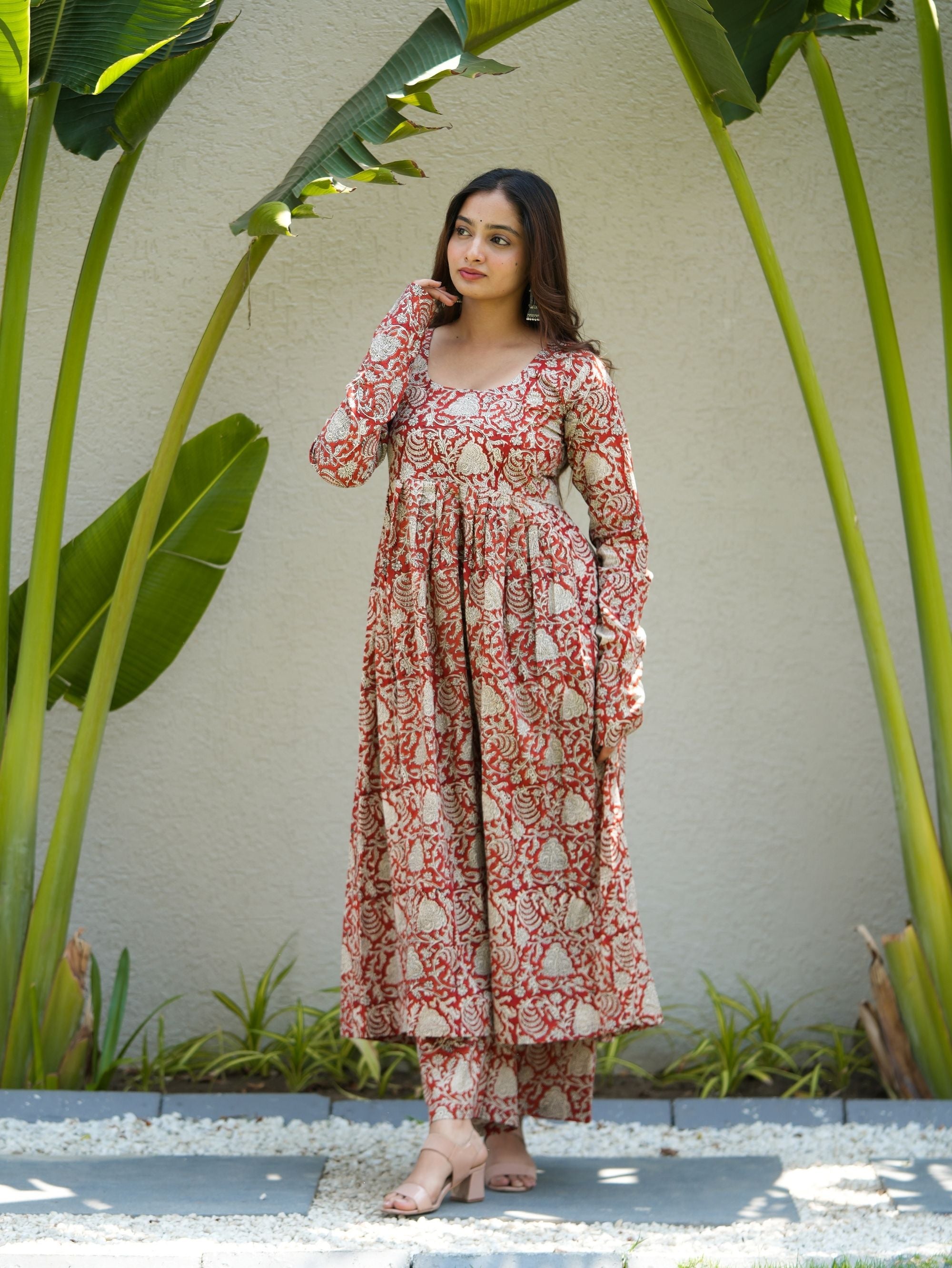 Berry Blush Red Cotton Anarkali Set with Handblock Print