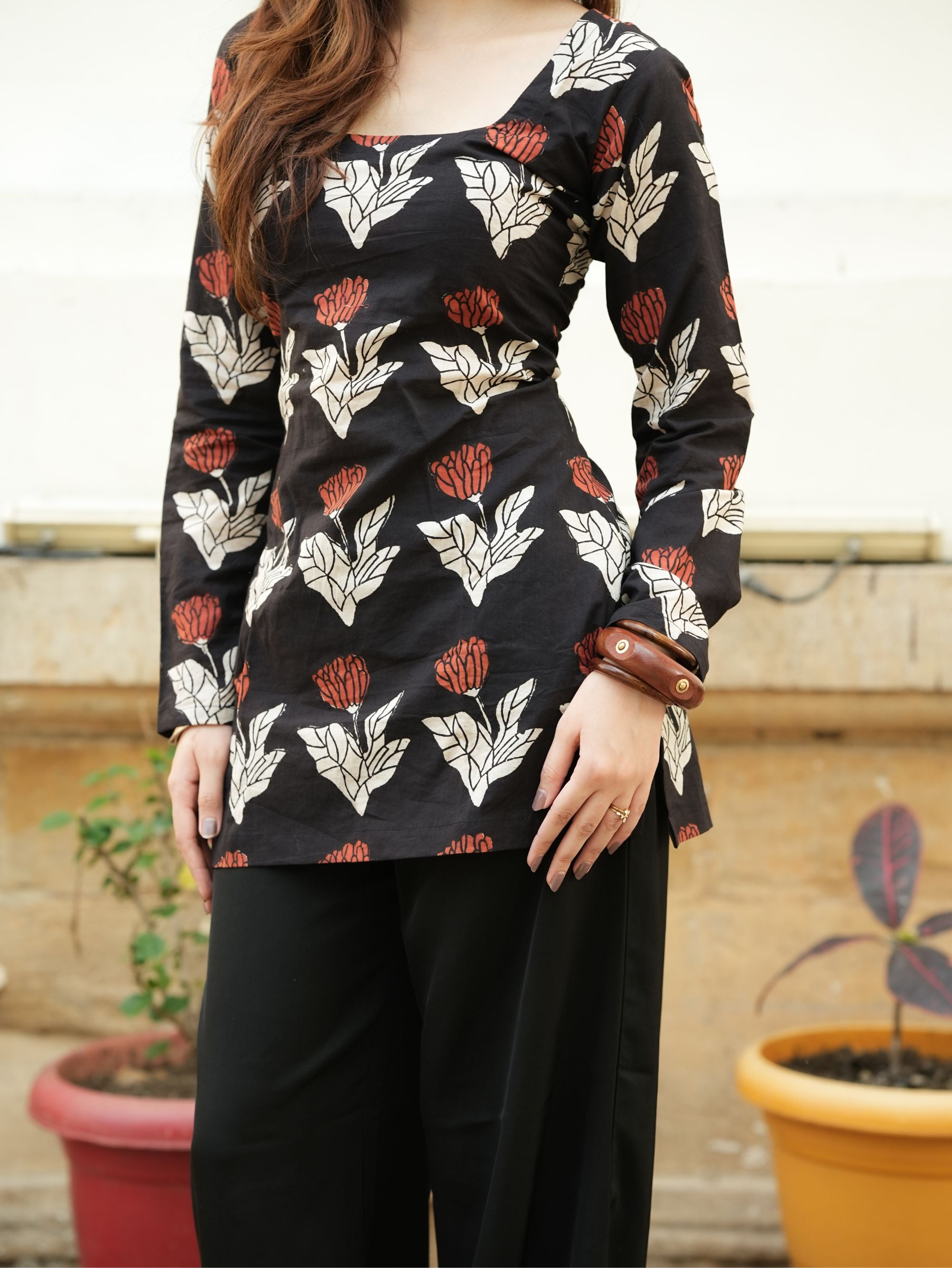 Ruhani Black Printed Short Kurti with Corset Back