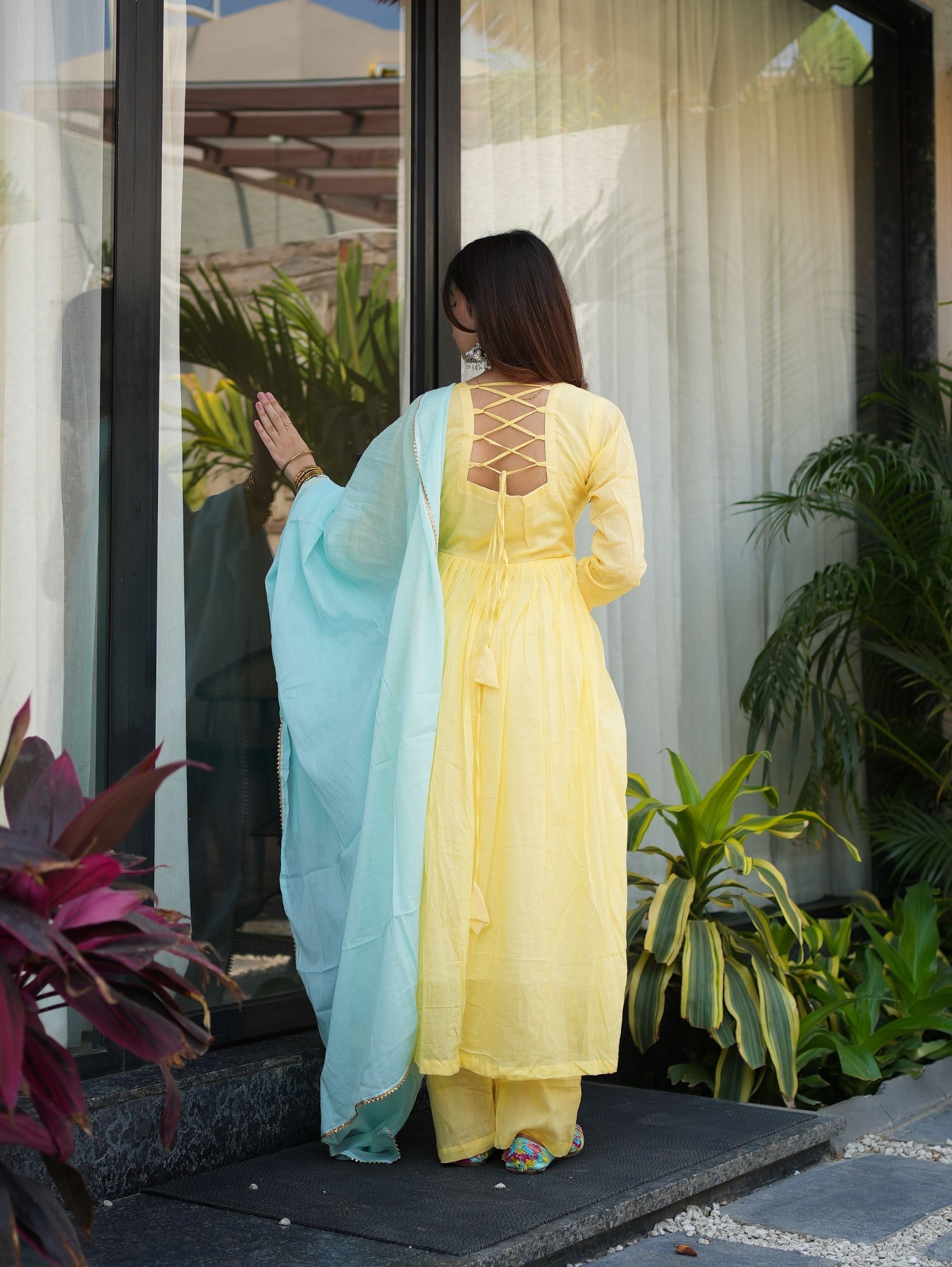 Sunlit Blossom Yellow Mul Cotton Anarkali Set with Powder Blue Dupatta