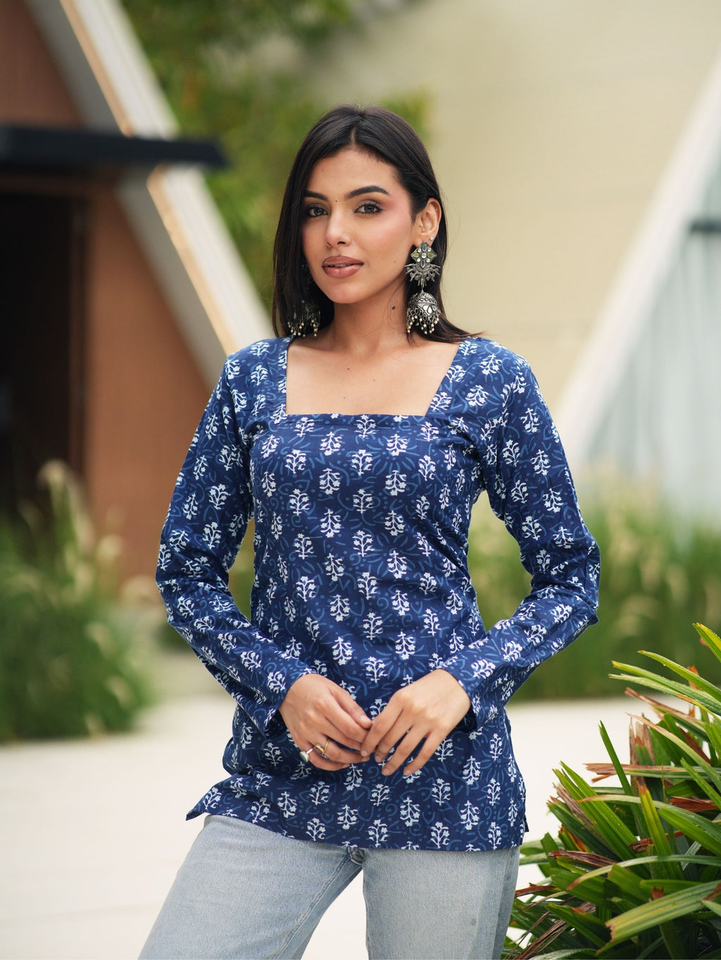 Tara Short Kurti for Women - Indigo Print Cotton Square Neck Kurti