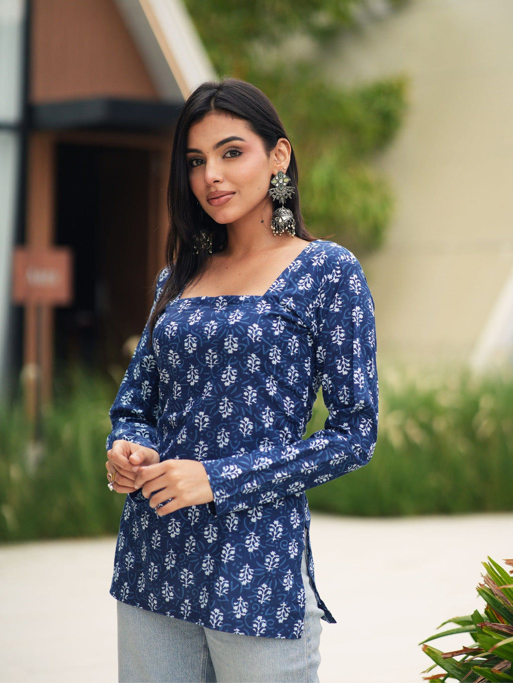 Tara Short Kurti for Women - Indigo Print Cotton Square Neck Kurti