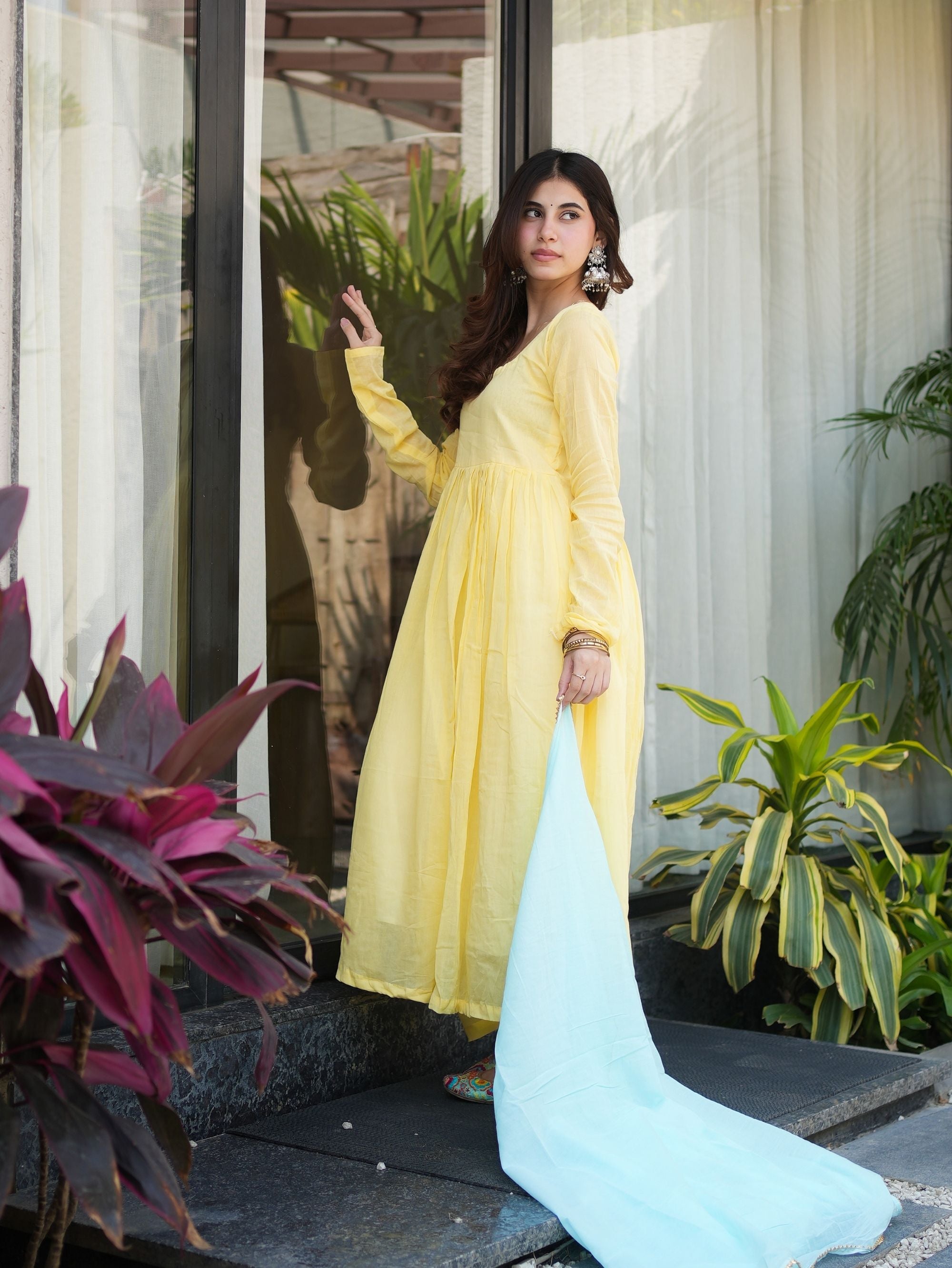 Sunlit Blossom Yellow Mul Cotton Anarkali Set with Powder Blue Dupatta