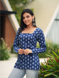 Tara Short Kurti for Women - Indigo Print Cotton Square Neck Kurti