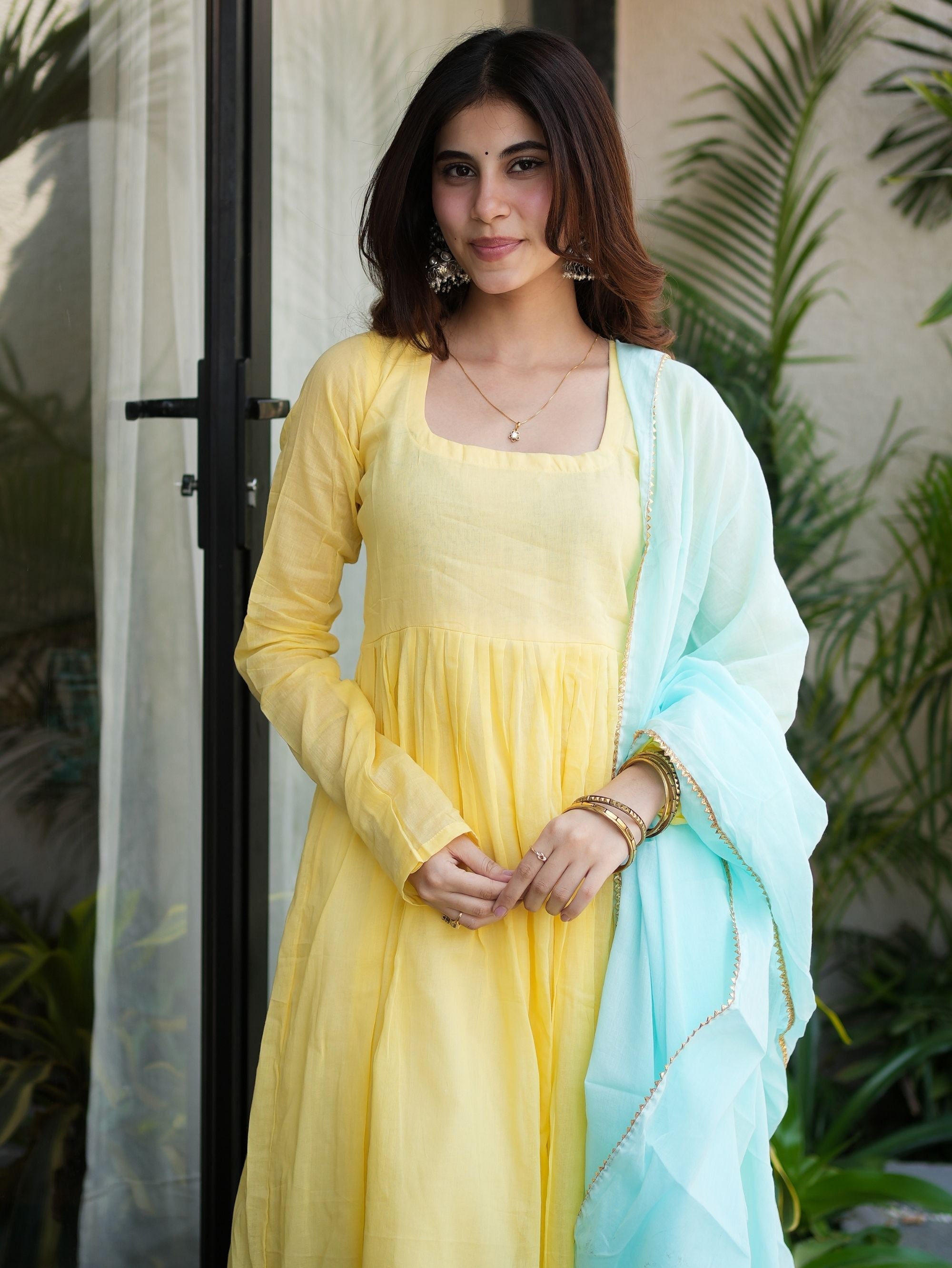 Sunlit Blossom Yellow Mul Cotton Anarkali Set with Powder Blue Dupatta